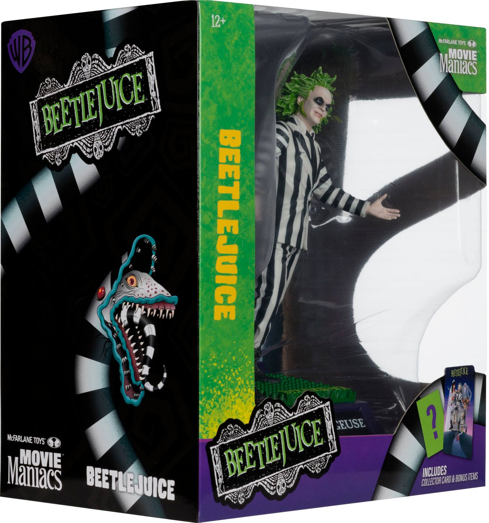 Beetlejuice is a movie maniac action figure from McFarlane Toys. The figure is included in a box set that also contains a collector card and bonus items. The box set is designed to look like a coffin, adding to the eerie and spooky theme of the Beetlejuice character.