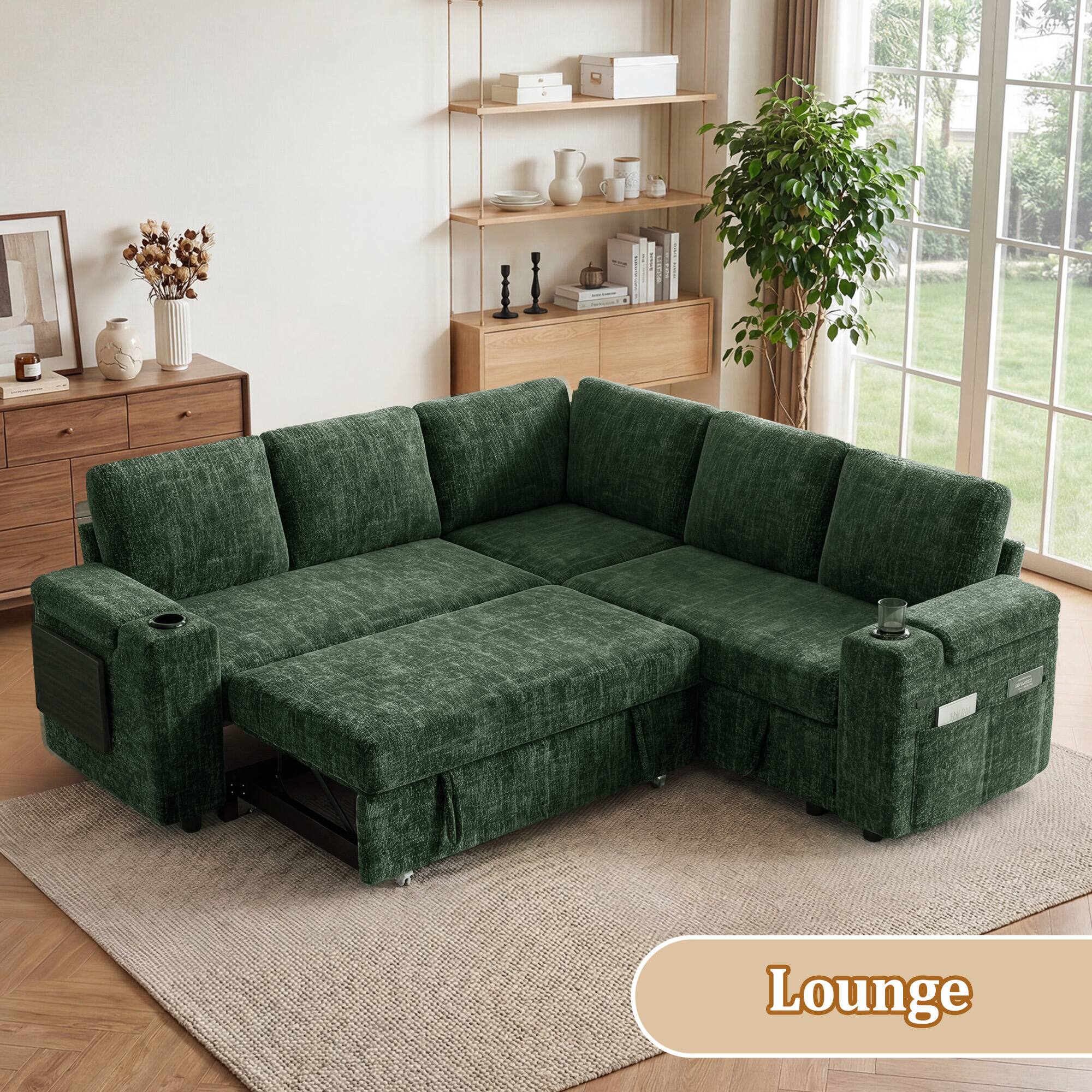 Back. Dyonery - 85" L Shaped Sleeper Sofa with Pull Out Bed, 5-Seat Couch with USB Ports, Cup Holder, Side Table & Storage - Green.