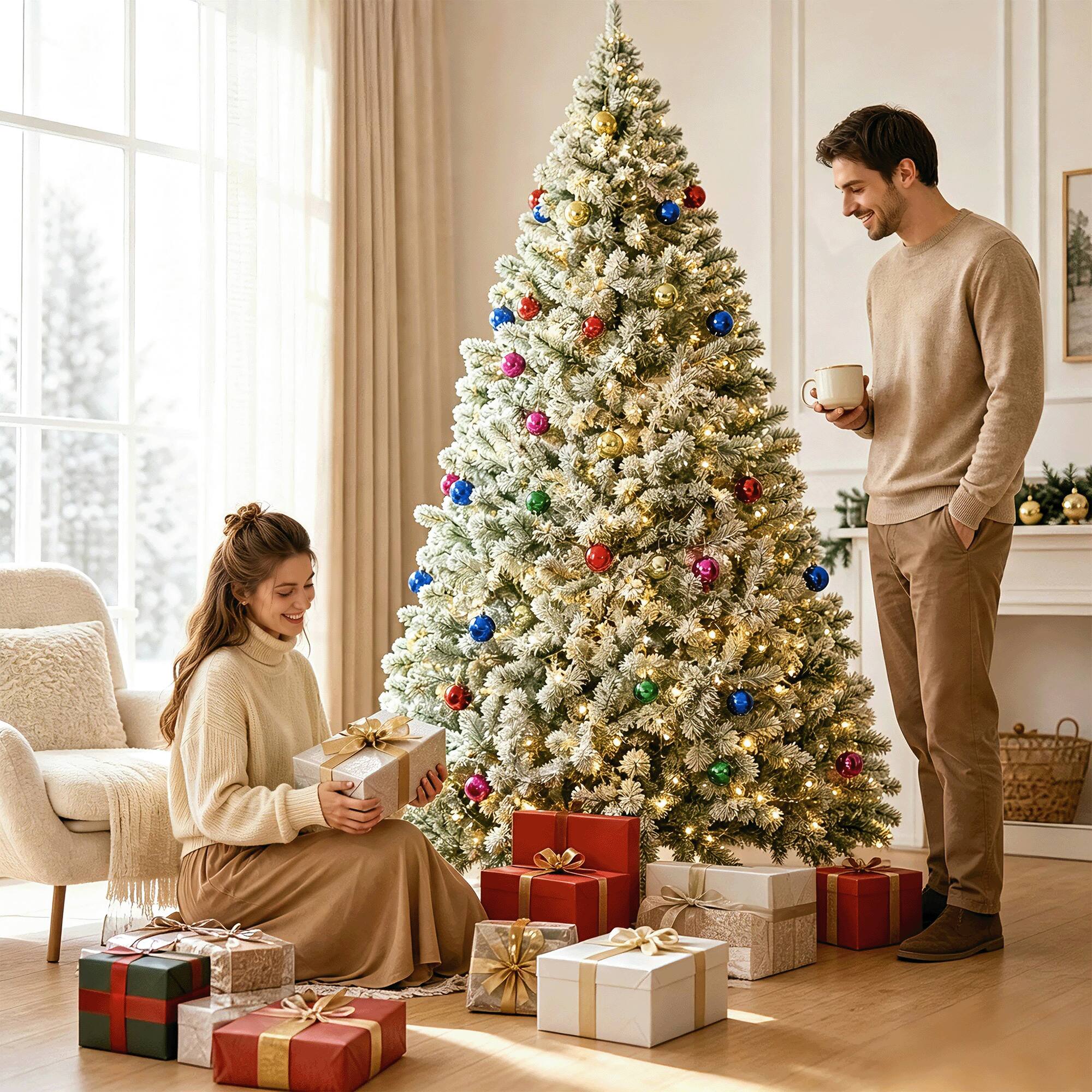 Alt View 4. VAVSEA - 7.5FT Flocked Christmas Tree with 1200 Tips 350 LED Lights Remote Control Metal Stand Tree Skirt Ornaments and Storage B - White.