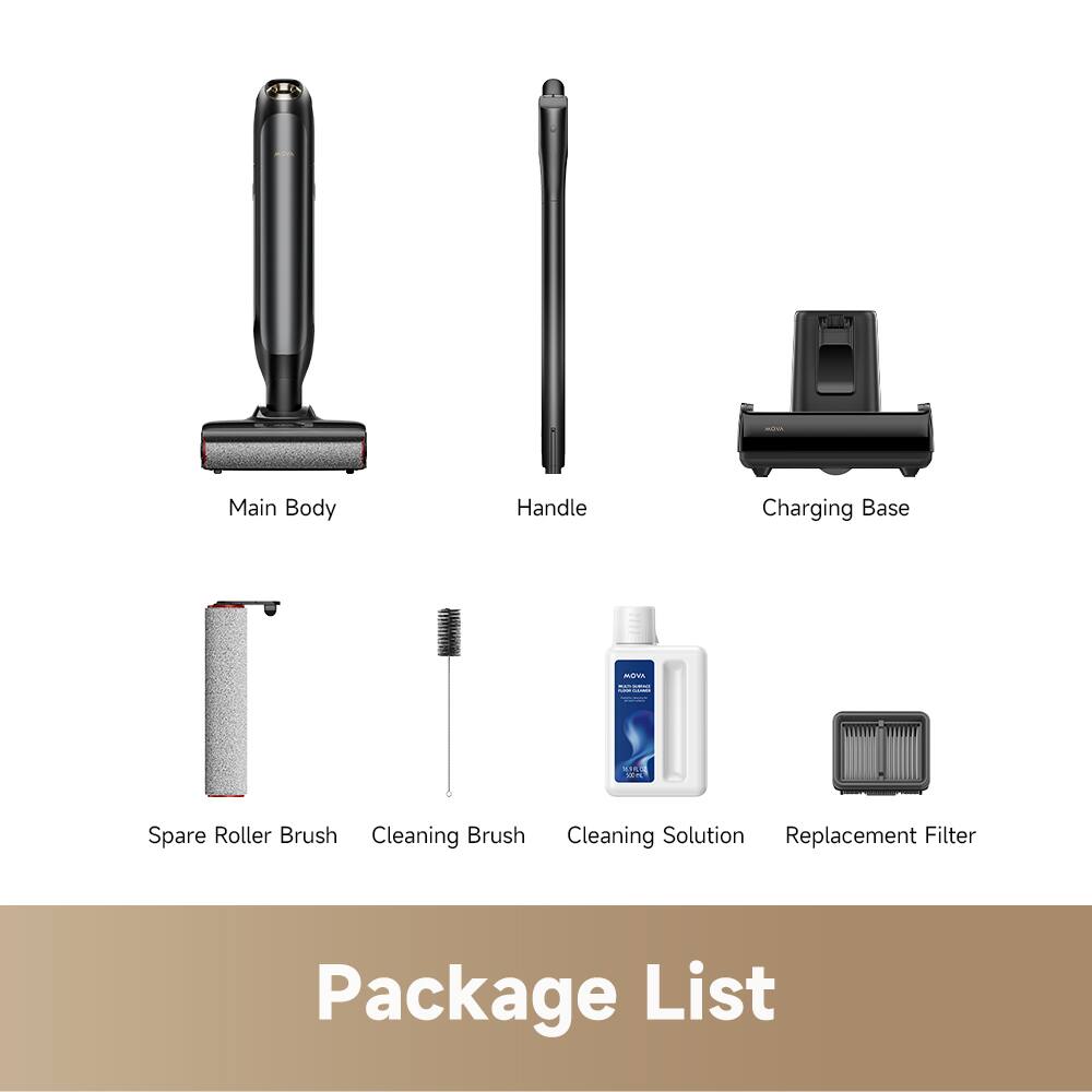 Main Body, Handle, Charging Base, Spare Roller Brush, Cleaning Brush, Cleaning Solution, Replacement Filter, Package List