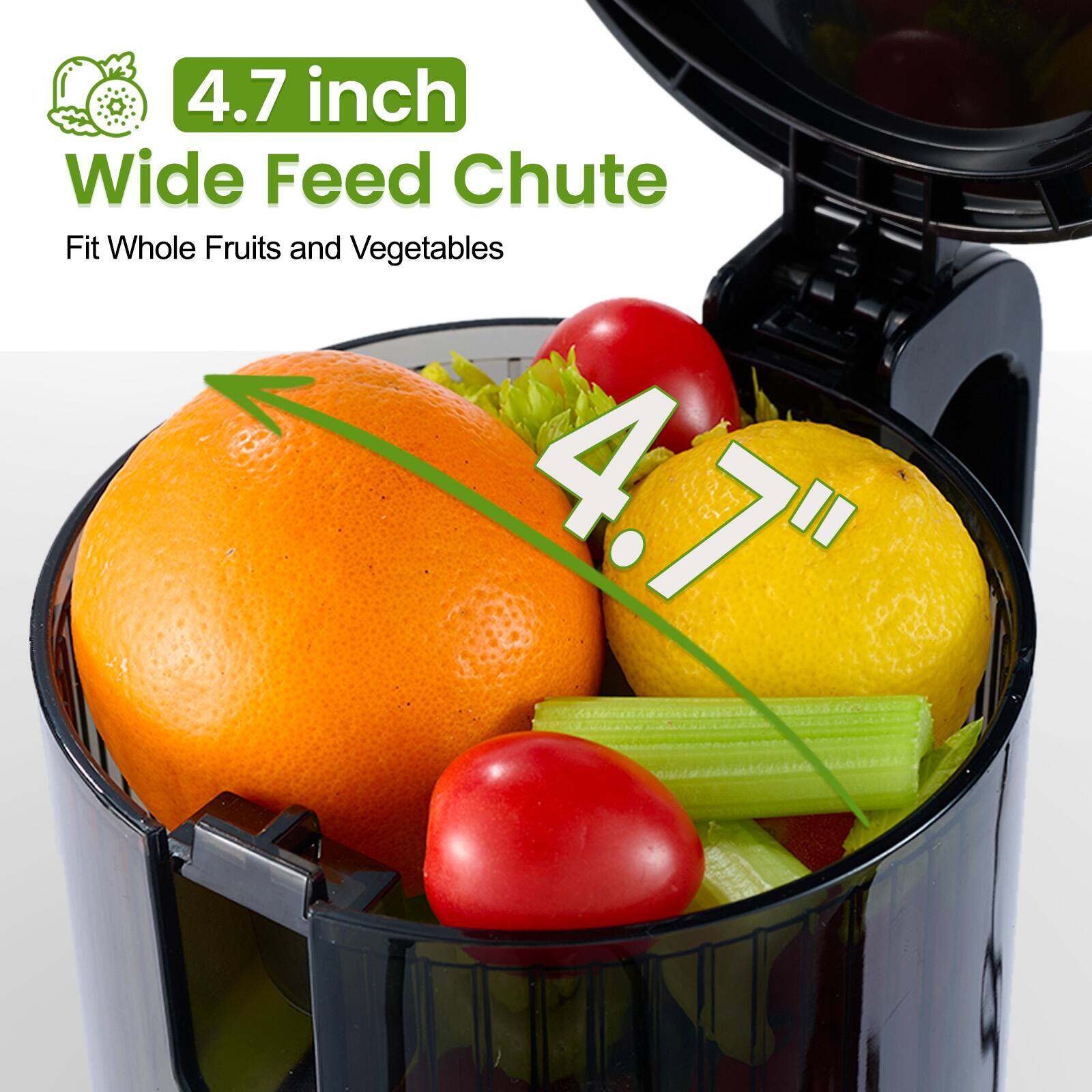 4.7 inch Wide Feed Chute Fit Whole Fruits and Vegetables 4.7"