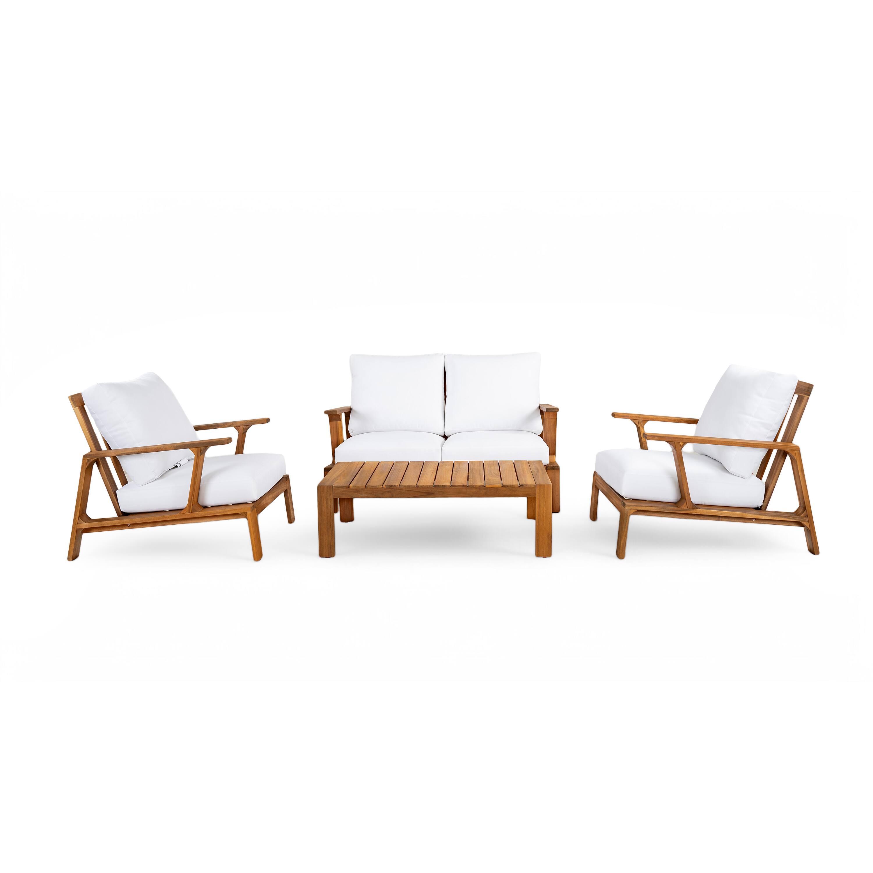 Alt View 1. Siljoy - 4-Piece 4-Seat Patio Conversation Set, Outdoor Sofa with Coffee Table, Teak Finish + White Cushions - Teak,White.