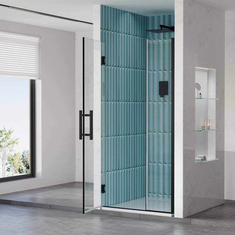 Left. WELLFOR - 34–35 in. W x 72 in. H Frameless Hinged Shower Door with 3/8" Clear Tempered Glass, Reversible Opening - Matte Black.