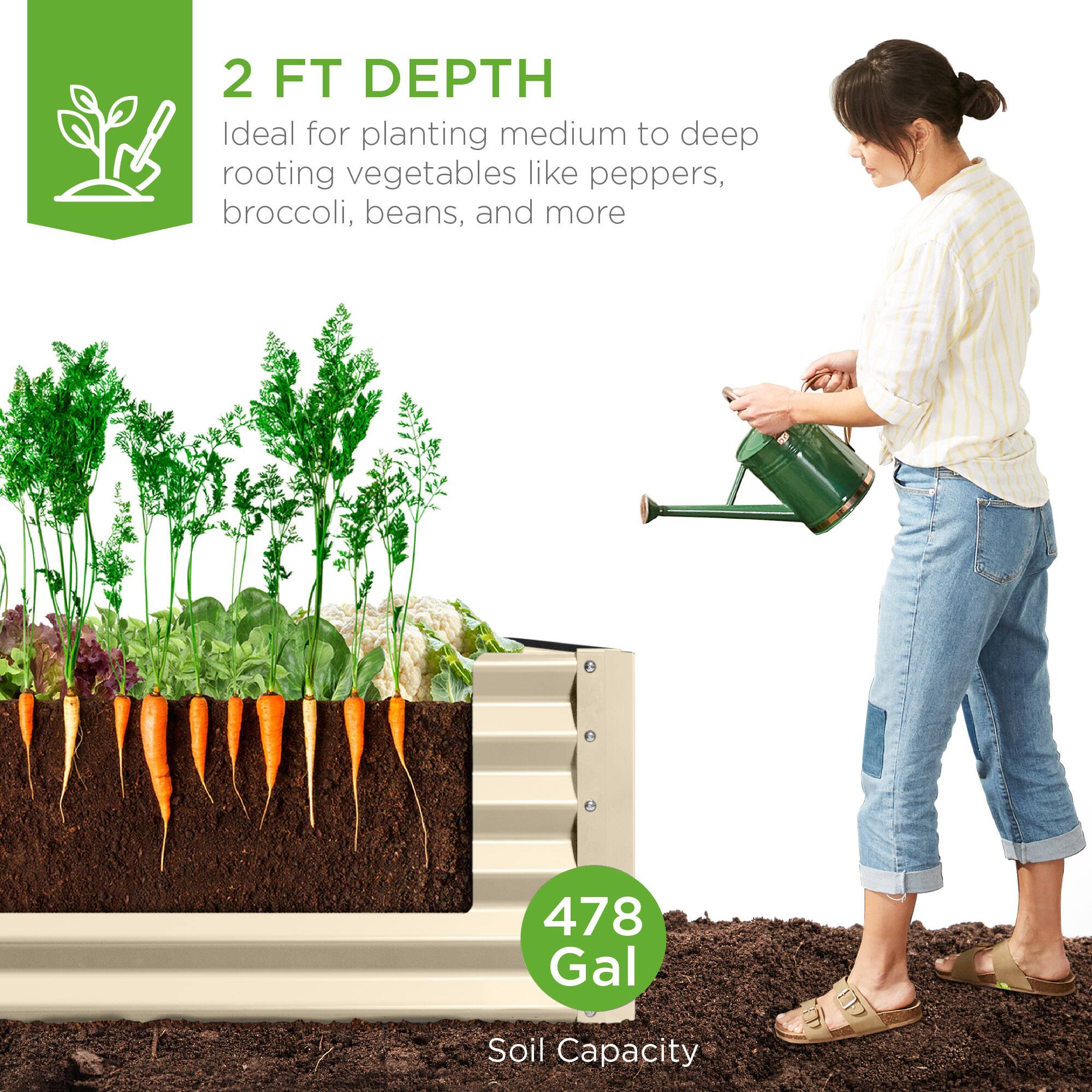 2 FT DEPTH  
Ideal for planting medium to deep rooting vegetables like peppers, broccoli, beans, and more  

478 Gal  
Soil Capacity