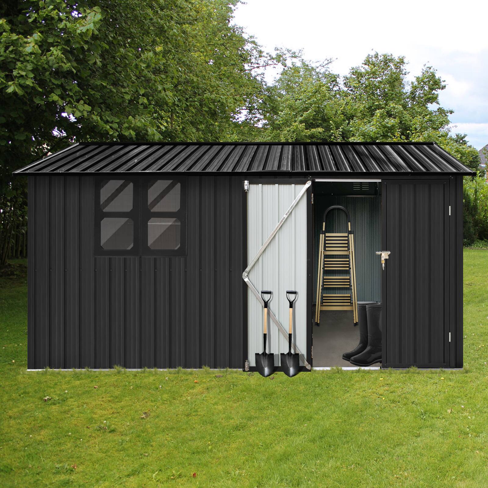 Angle. Mondawe - 12x10 Ft Metal Garden Sheds with Window - Black.
