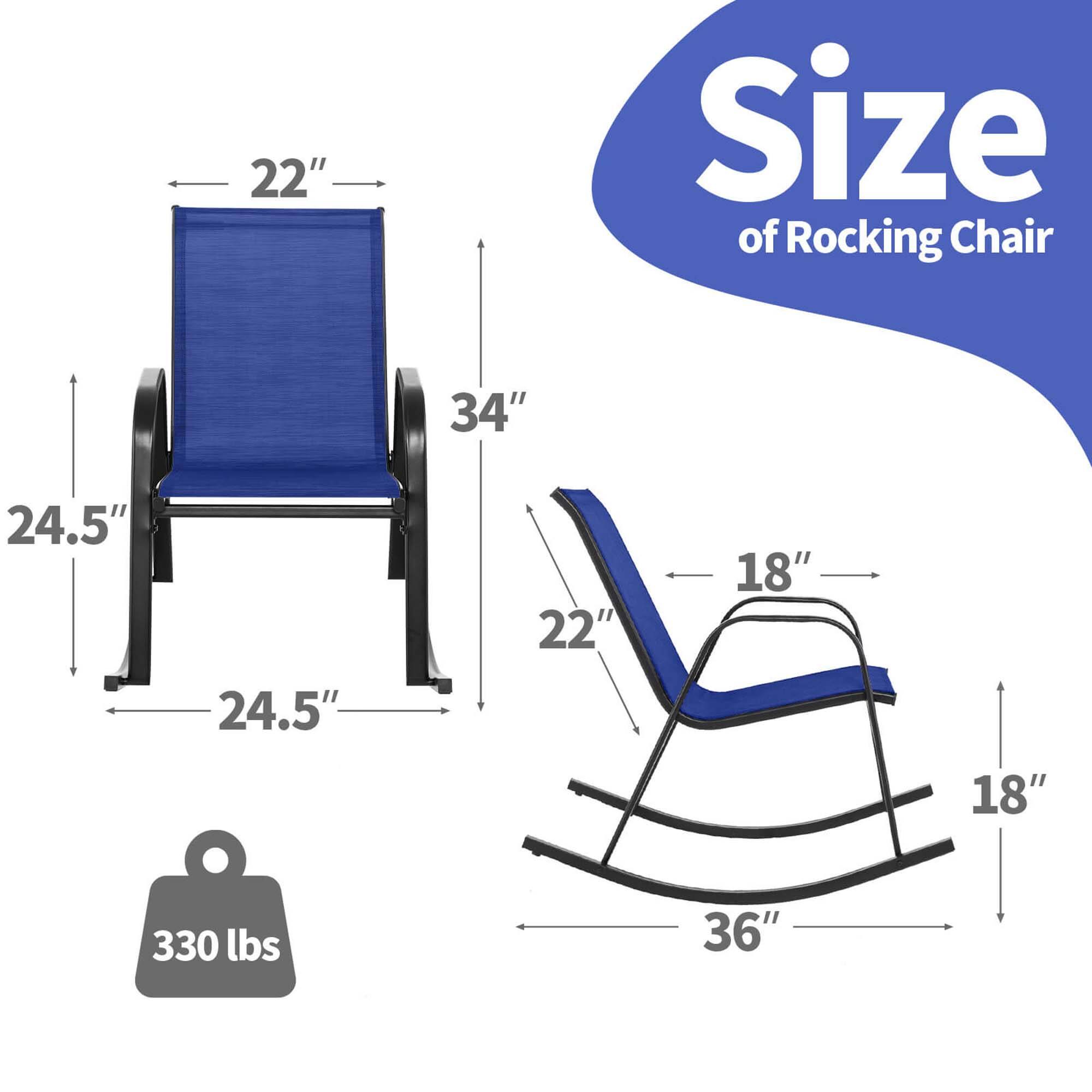 The text on the image reads: "22" Size of Rocking Chair 34" 24.5" 24.5" 22" 18" 18" 330 lbs 36".