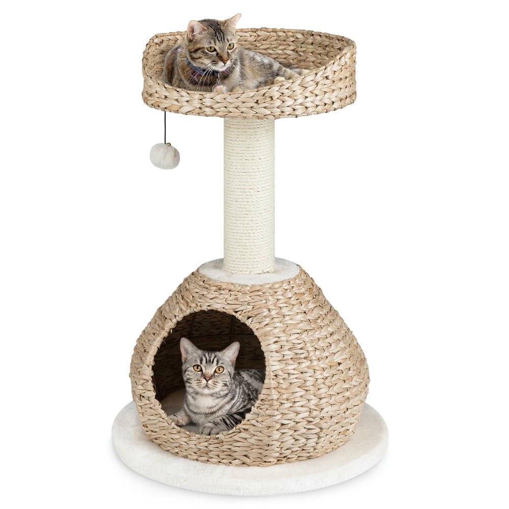 Front. Kadyn - 28-Inch Handmade Cat Tree with Jump Platform and Scratching Post, White - White.