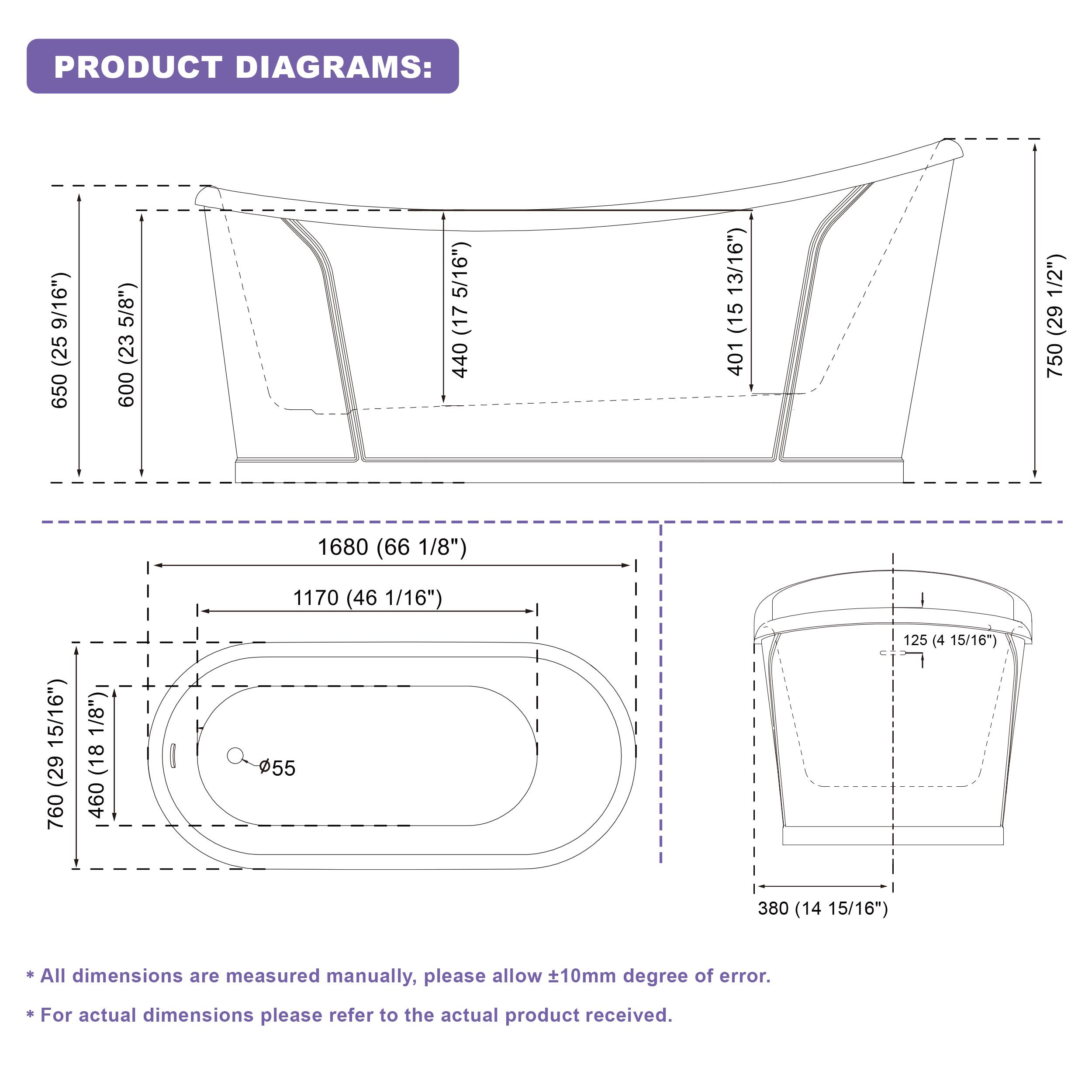 PRODUCT DIAGRAMS:  
- 650 (25 5/8")  
- 600 (23 5/16")  
- 440 (17 13/16")  
- 401 (15 1/2")  
- 750 (29 1/8")  
- 1680 (66 1/8")  
- 1170 (46 1/16")  
- 15/16"  
- 760 (29 15/16")  
- 480 (18 1/8")  
- 125 (4 15/16")  
- 380 (14 15/16")  

All dimensions are measured manually, please allow 10mm degree of error.  
For actual dimensions please refer to the actual product received.