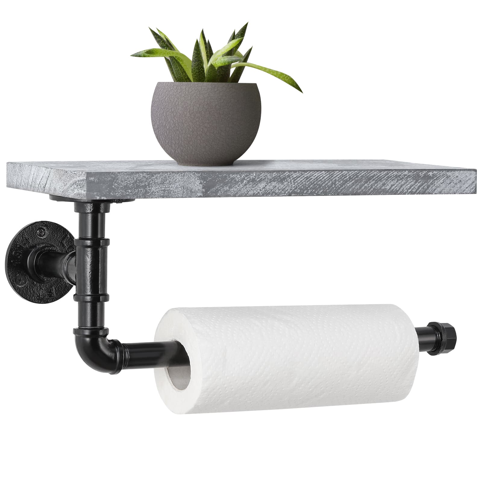Oumilen - Industrial Pipe Wall Mounted Paper Towel Holder with Greywashed Shelf – Kitchen Bathroom Rack