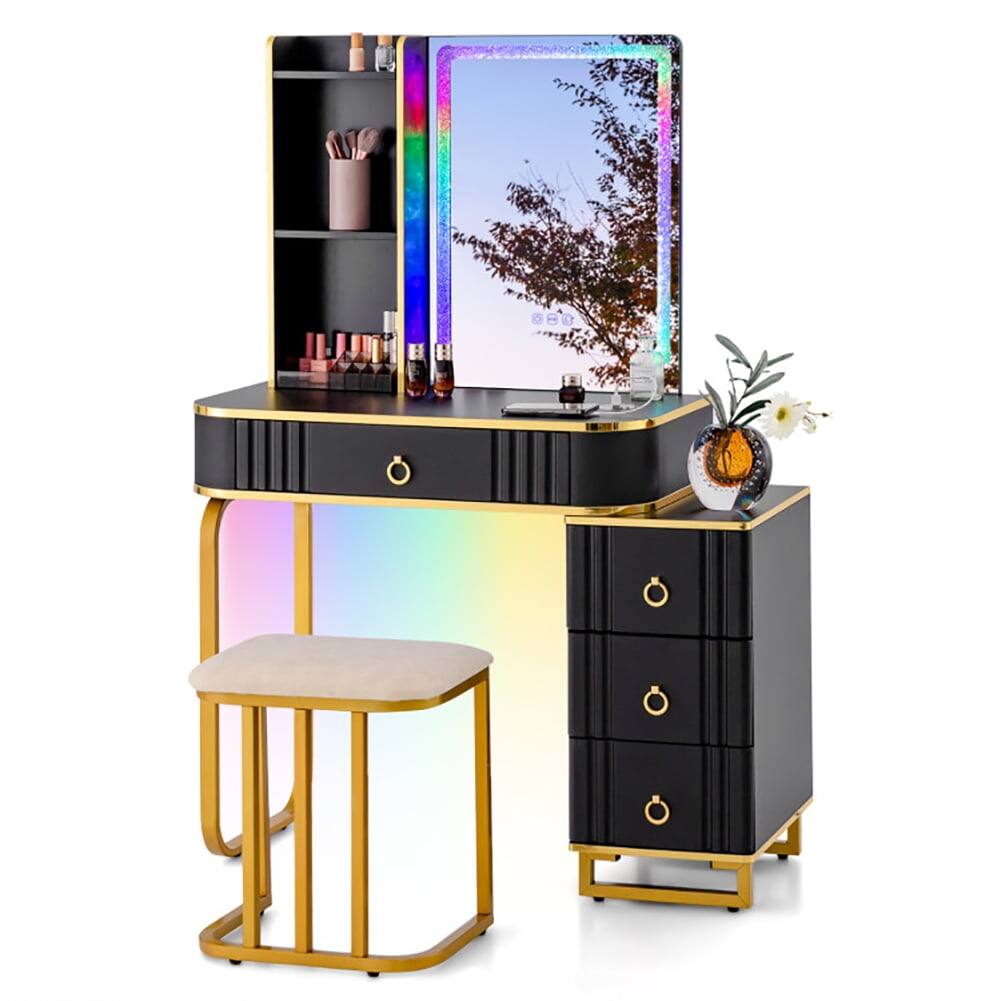 Left. Kadyn - Vanity Desk with Mirror and LED Lights, Vanity Table Set with Storage Shelves and Drawers, Wireless Charging Station - Black.