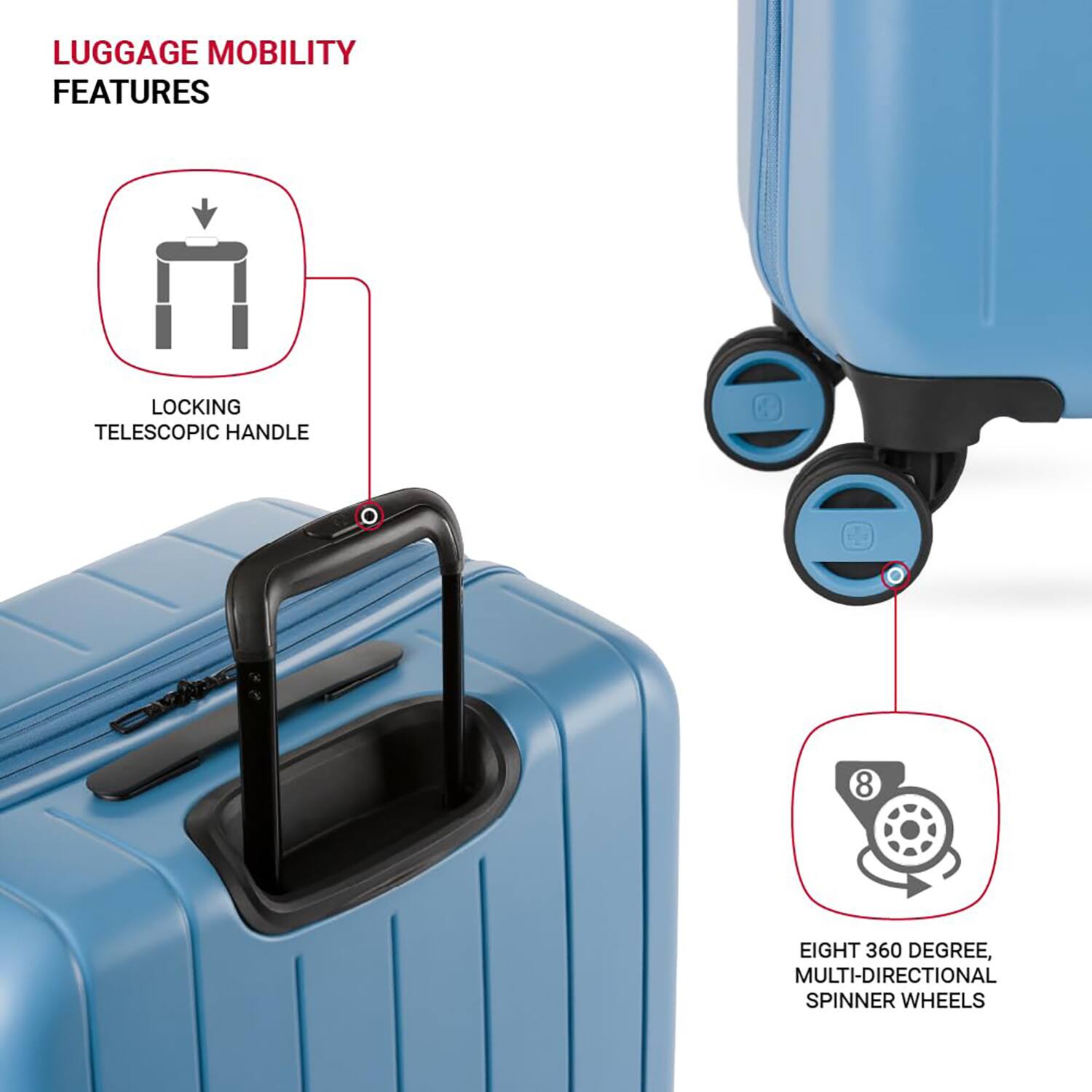 LUGGAGE MOBILITY FEATURES

LOCKING TELESCOPIC HANDLE

EIGHT 360 DEGREE, MULTI-DIRECTIONAL SPINNER WHEELS