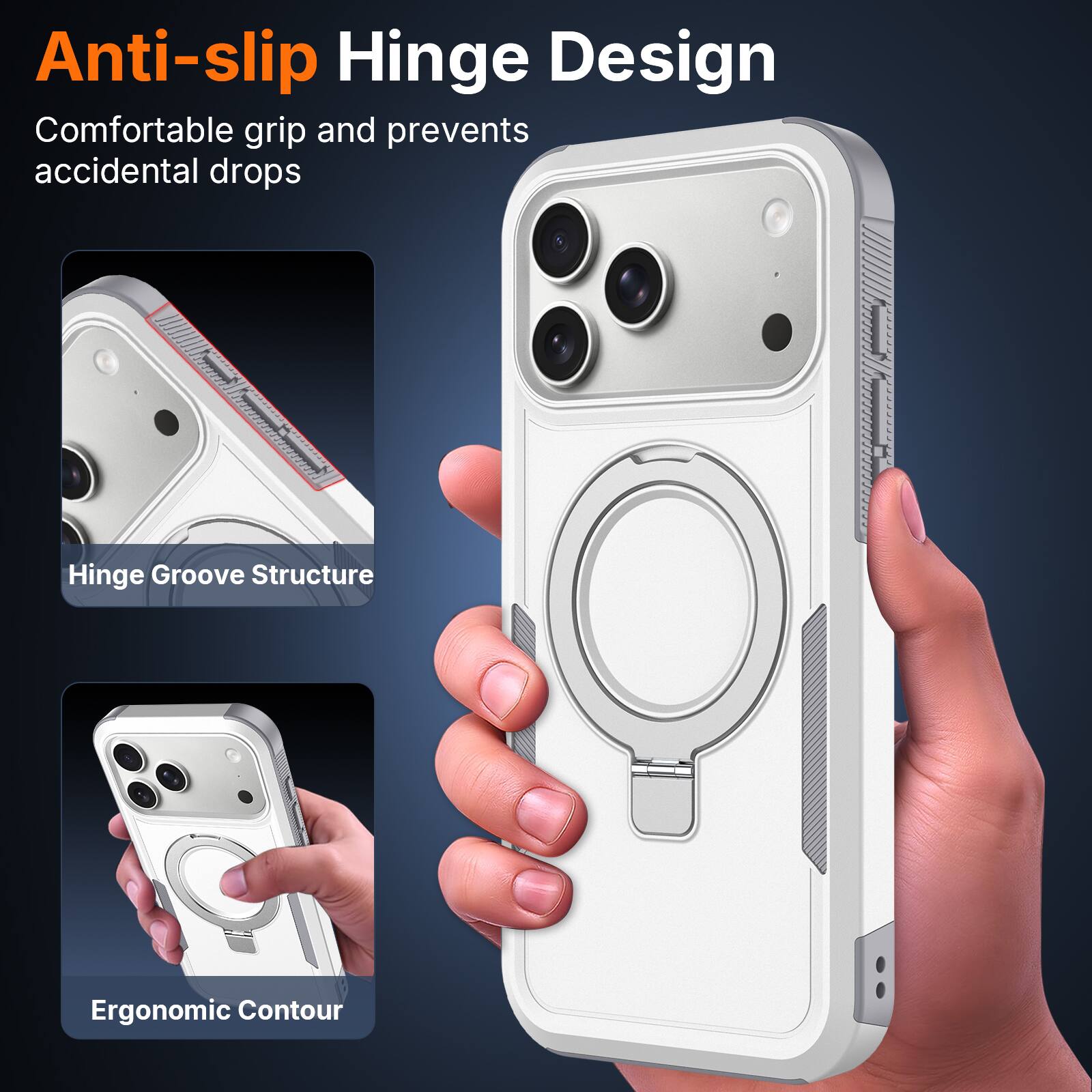 Anti-slip Hinge Design  
Comfortable grip and prevents accidental drops  
Hinge Groove Structure  
Ergonomic Contour