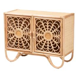 bali & pari - Acelin Rattan Storage Cabinet - Handcrafted Boho Accent Console with Floral Woven Doors, Wicker Sideboard - Natural