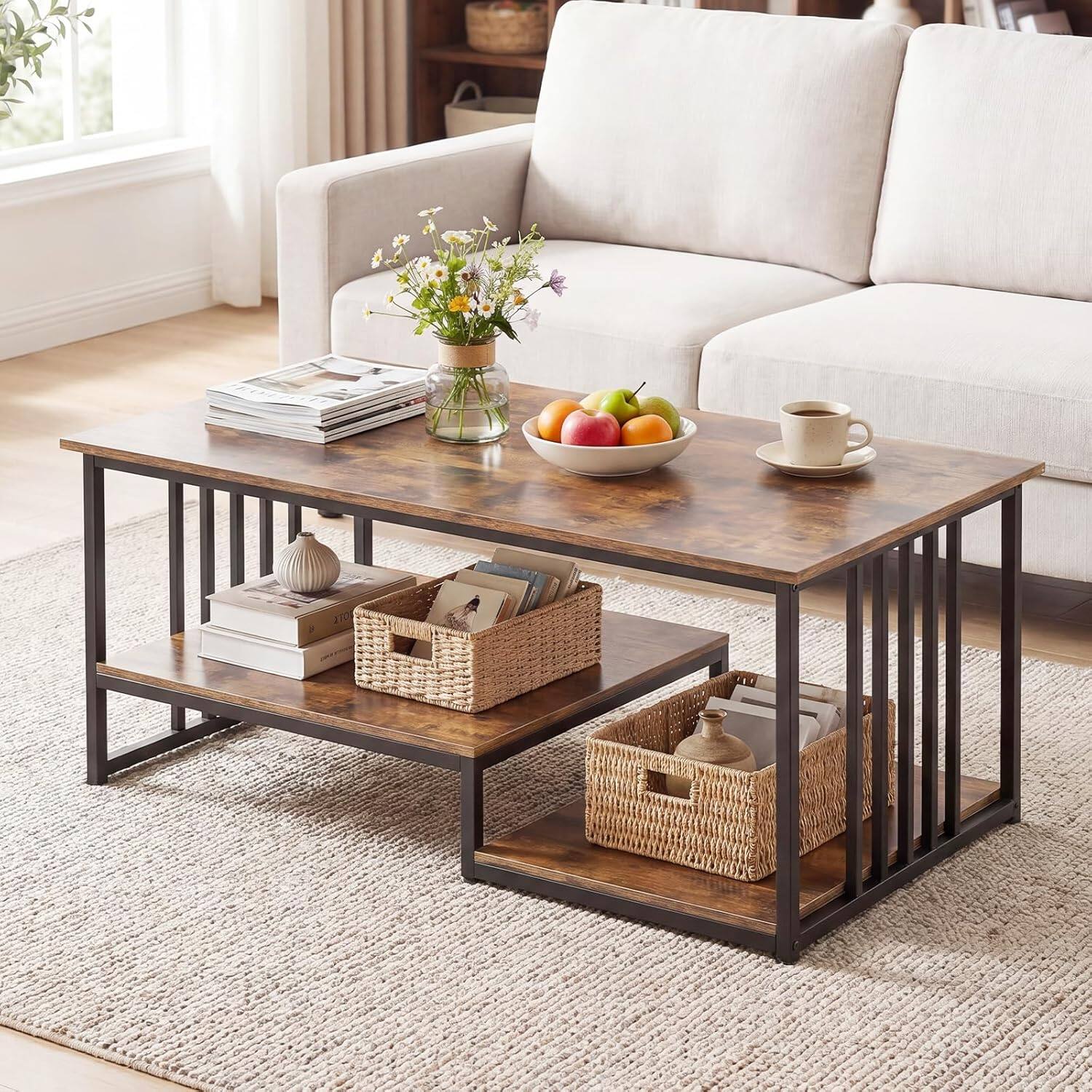 Gymax - 2-Tier Coffee Table 43.5'' Industrial Rectangle Center Table w/Open Storage Shelf Rustic Black - Brown price history on PriceWatchPro