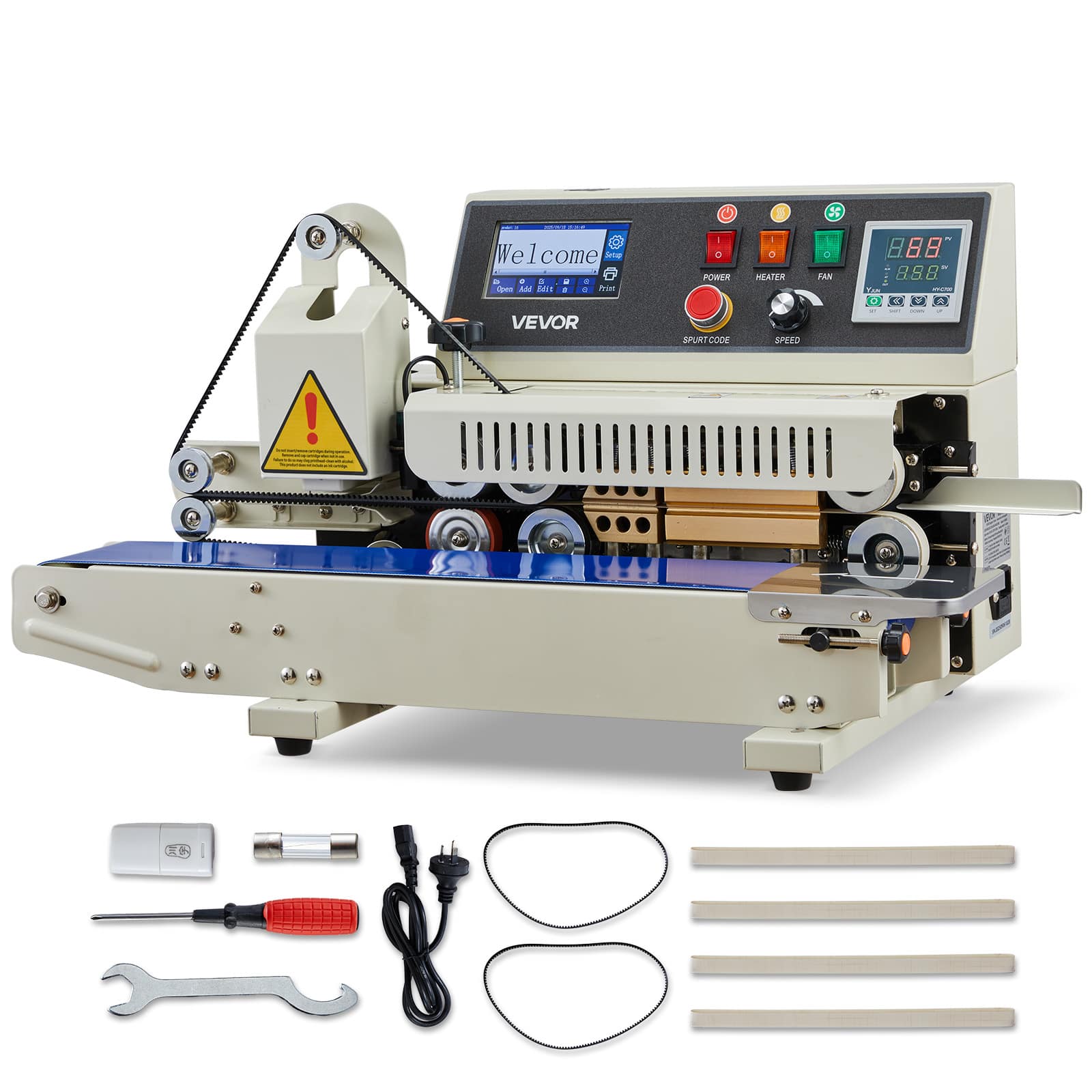 VEVOR - Continuous Bag Band Sealing Machine, 0.24-0.47 in Seal Width, Horizontal Band Sealer Machine with Ink Printing - White