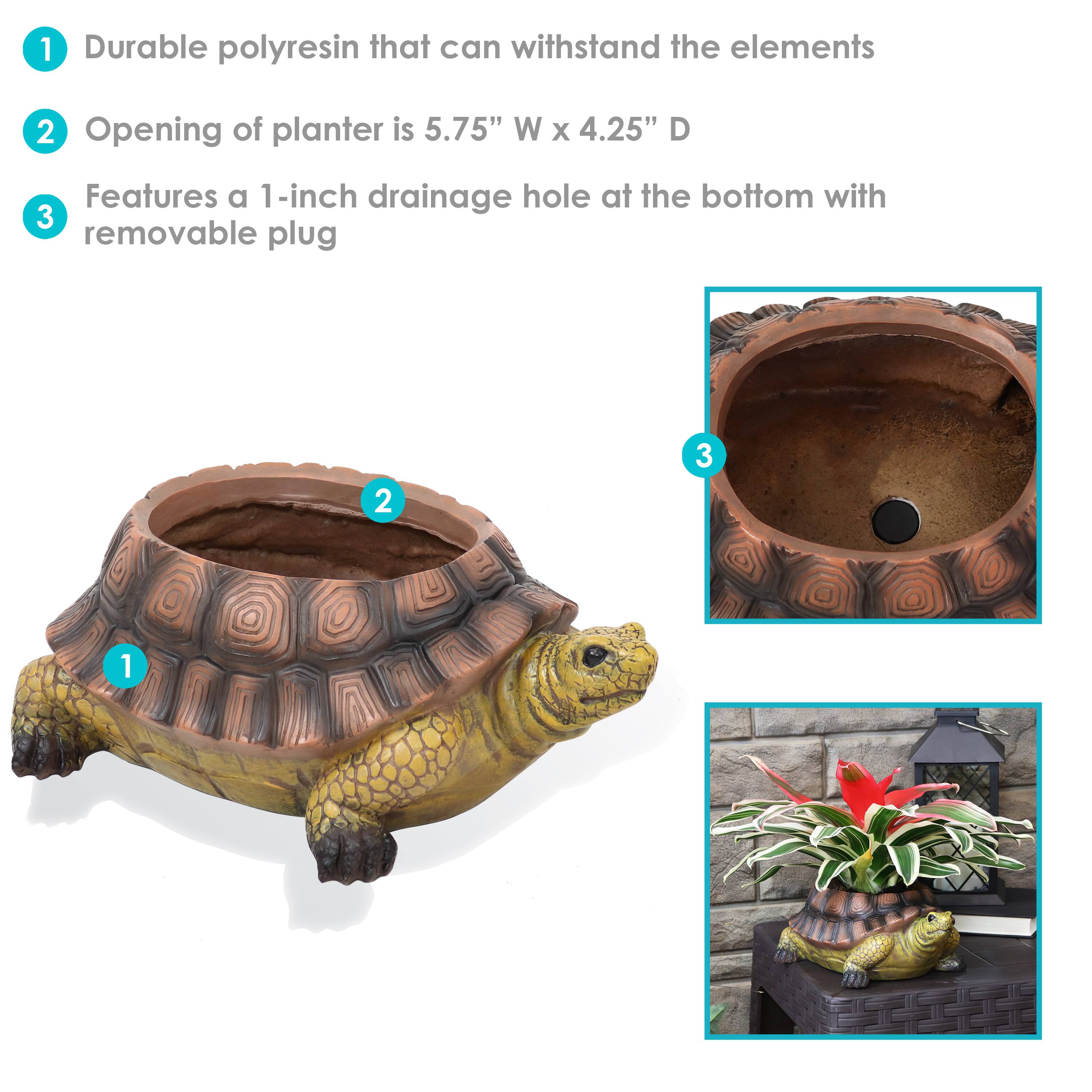 1. Durable polyresin that can withstand the elements

2. Opening of planter is 5.75" W x 4.25" D

3. Features a 1-inch drainage hole at the bottom with removable plug