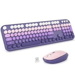 PRIMEPLUS - Full Size Wireless Keyboard and Mouse Combo, 2.4GHz Retro Typewriter Keyboard with Number Pad for Desktop Windows - Lovely-Purple Gradient