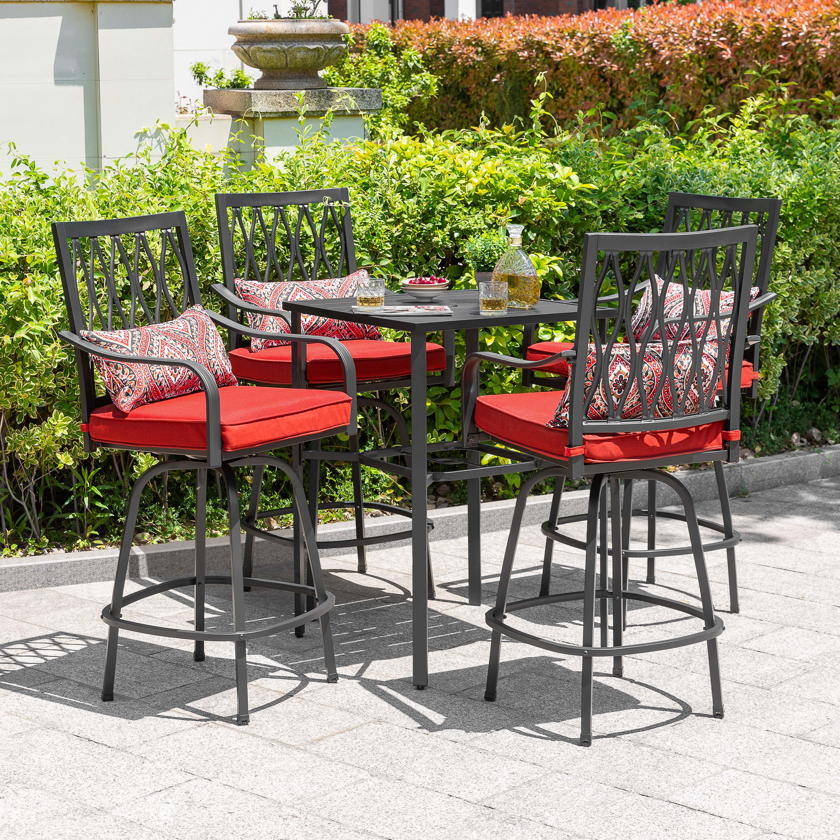 Angle. Nuu Garden - Outdoor 5PCS Metal Swivel Bar Set with Umbrella Hole and Padded Cushions - Black and Red.