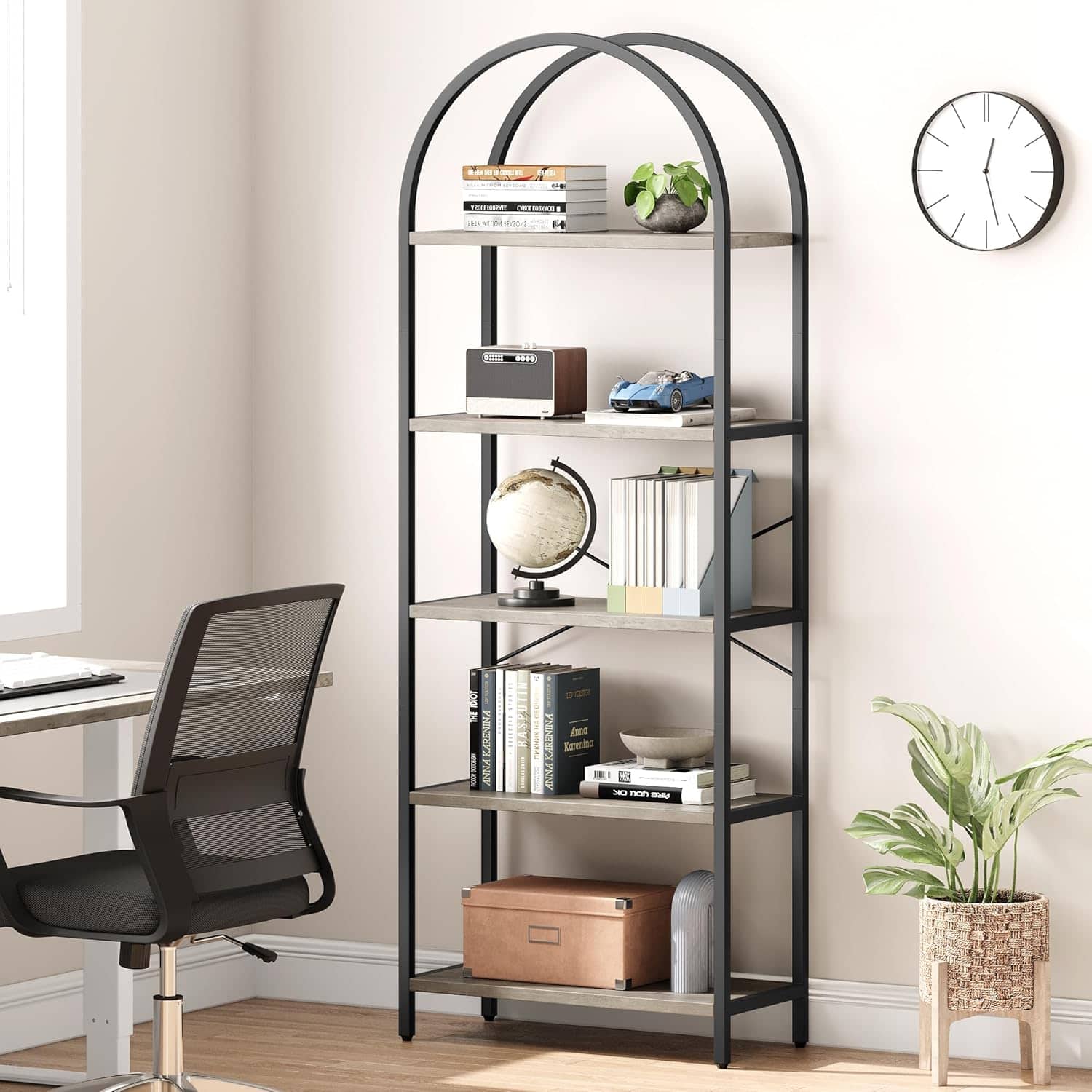 GARVEE - 5-Tier Arched Bookshelf Tall Wood Bookcase w/ Metal Frame Modern Storage Rack for Living Room or Home Office - Black+Grey
