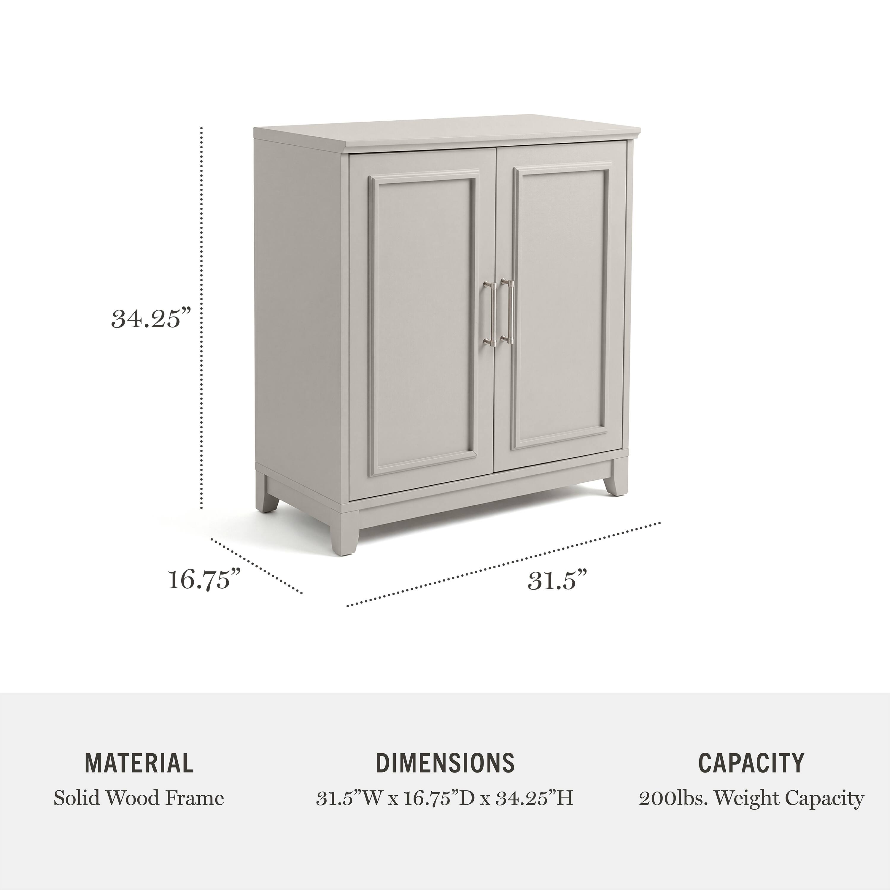 34.25" 16.75" 31.5"  
MATERIAL: Solid Wood Frame  
DIMENSIONS: 31.5"W x 16.75"D x 34.25"H  
CAPACITY: 200lbs. Weight Capacity