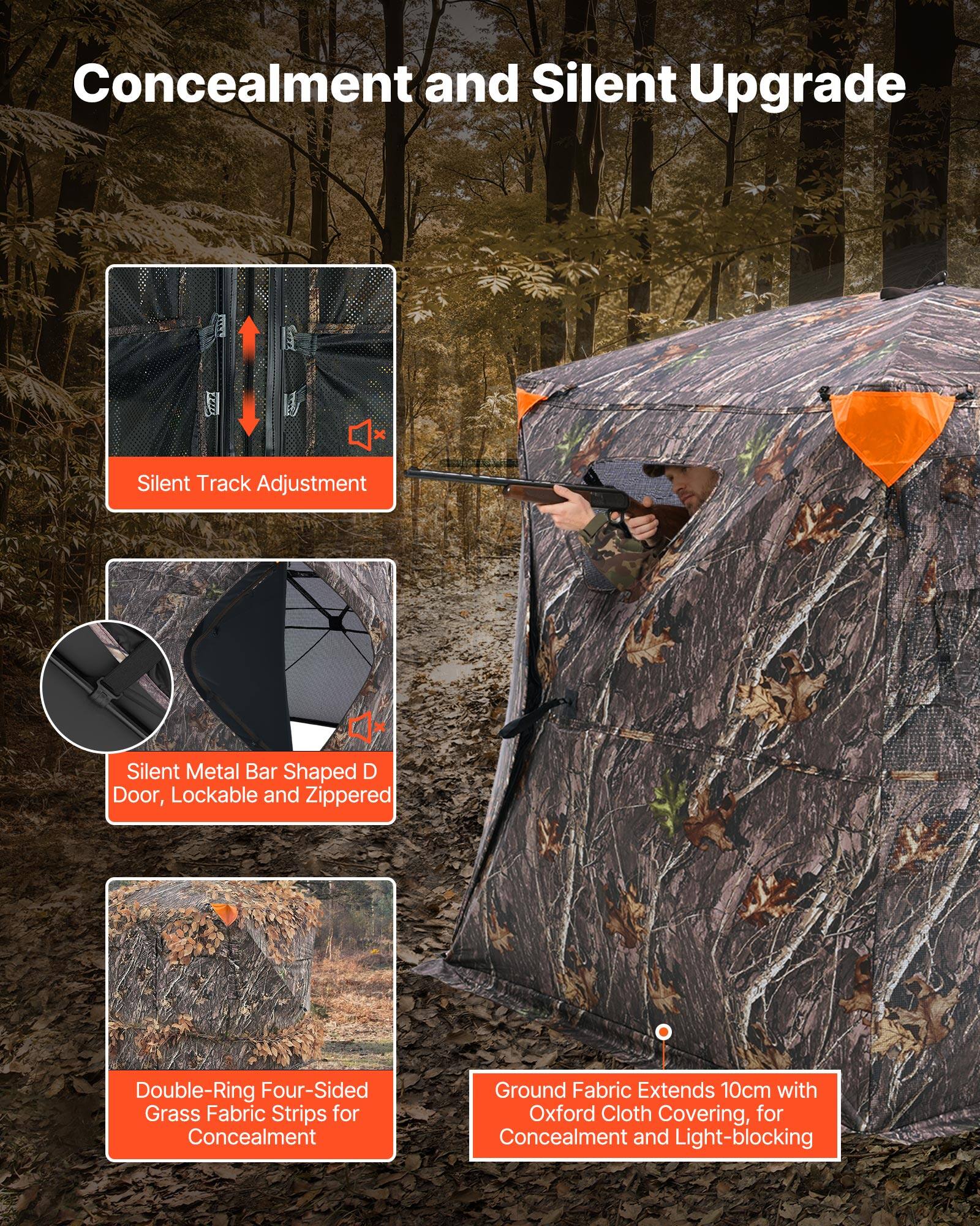 Concealment and Silent Upgrade

- Silent Track Adjustment
- Silent Metal Bar Shaped D Door, Lockable and Zippered
- Double-Ring Four-Sided Grass Fabric Strips for Concealment
- Ground Fabric Extends 10cm with Oxford Cloth Covering, for Concealment and Light-blocking