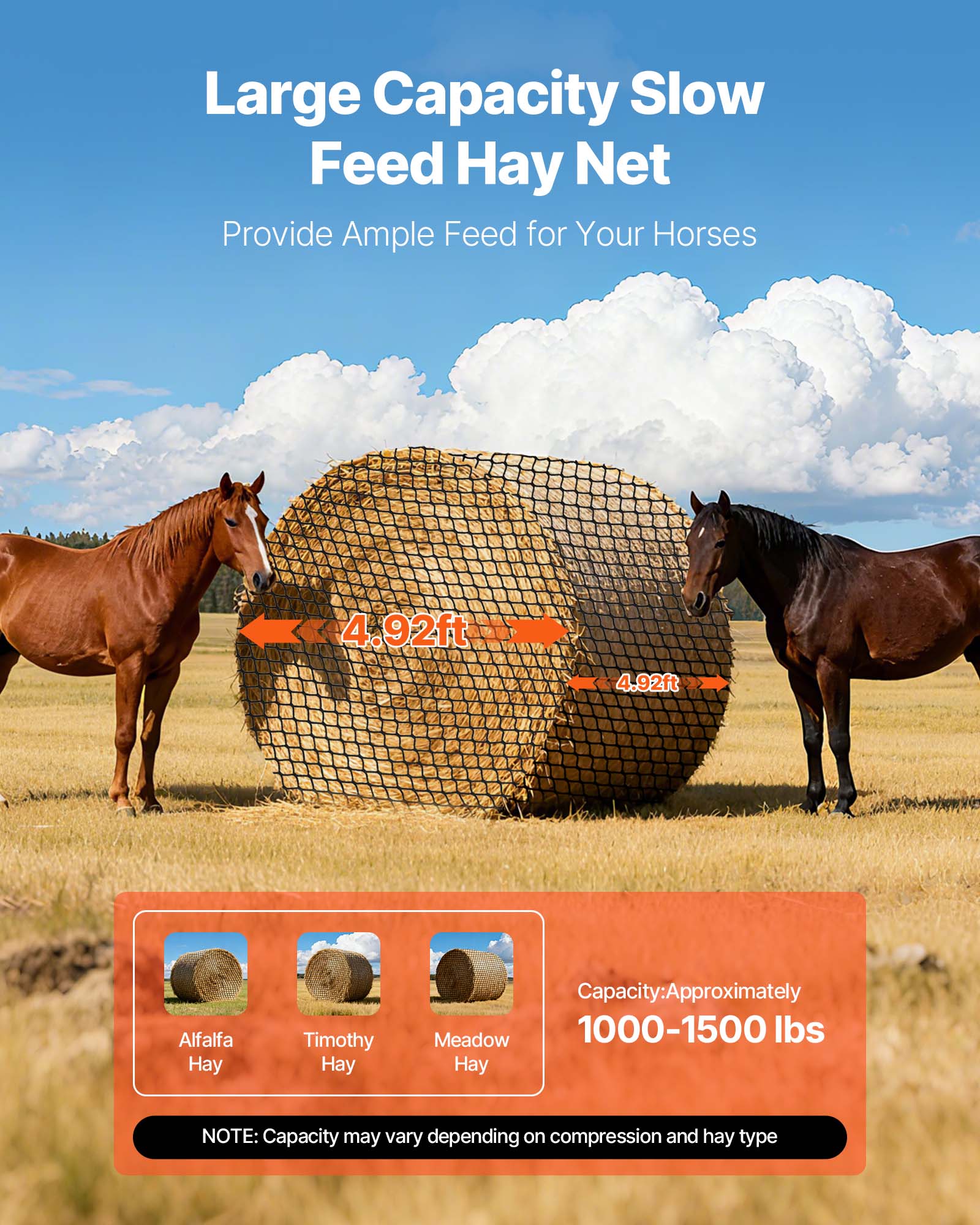 Large Capacity Slow Feed Hay Net  
Provide Ample Feed for Your Horses  

4.92ft x 4.92ft  

Alfalfa Hay  
Timothy Hay  
Meadow Hay  

Capacity: Approximately 1000-1500 lbs  

NOTE: Capacity may vary depending on compression and hay type