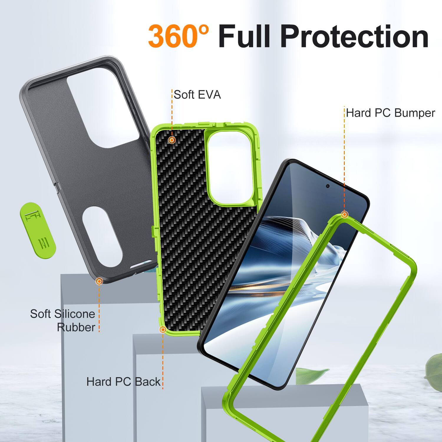 360° Full Protection

Soft EVA
Hard PC Bumper
Soft Silicone Rubber
Hard PC Back
