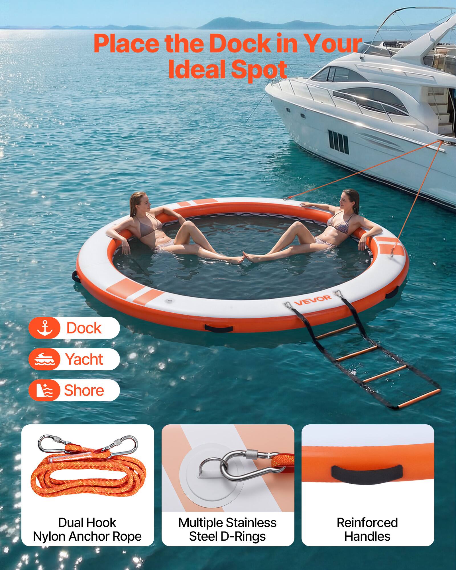 Place the Dock in Your Ideal Spot

VEVOR Dock Yacht Shore Dual Hook Nylon Anchor Rope Multiple Stainless Steel D-Rings Reinforced Handles