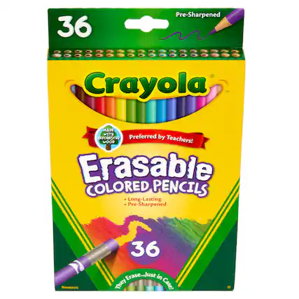 36 Pre-Sharpened Crayola Erasable Colored Pencils
Made with Re-forested Wood
Preferred by Teachers!
Long-Lasting
Nontoxic
They Erase...Just in Case!