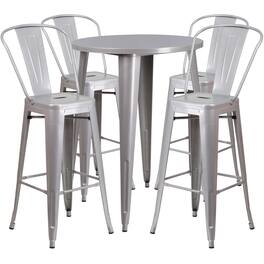 Emma + Oliver - Commercial Grade 30" Round Metal Indoor-Outdoor Bar Table Set with 4 Cafe Stools - Silver