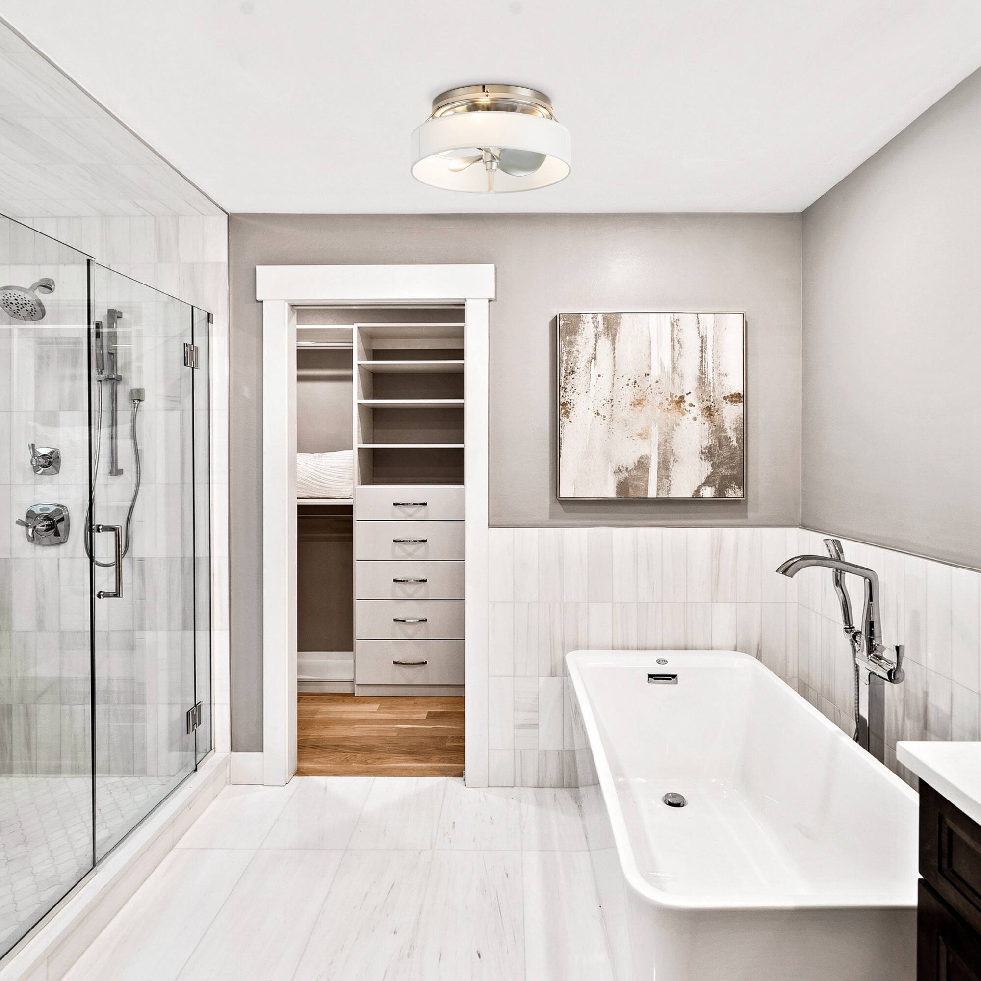 Alt View 6. Parrot Uncle - 12.6" Satin Nickel Flush Mount Caged Ceiling Fan with Light and Remote - Nickel.