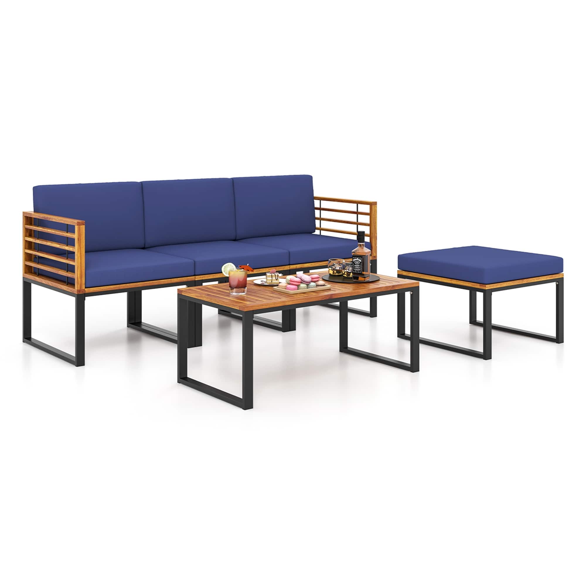 Costway - 5 Piece Patio Chair Set, Acacia Wood Chair Set with Ottoman & Coffee Table - Navy