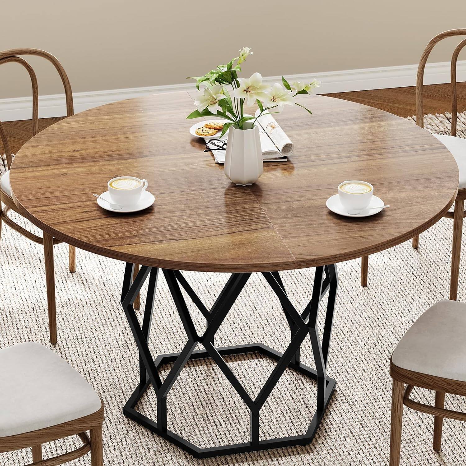 Alt View 4. Jojoka - Kitchen Table Round Dining Table for 4-6 People for Dining Room, Home Office, Living Room - Brown.