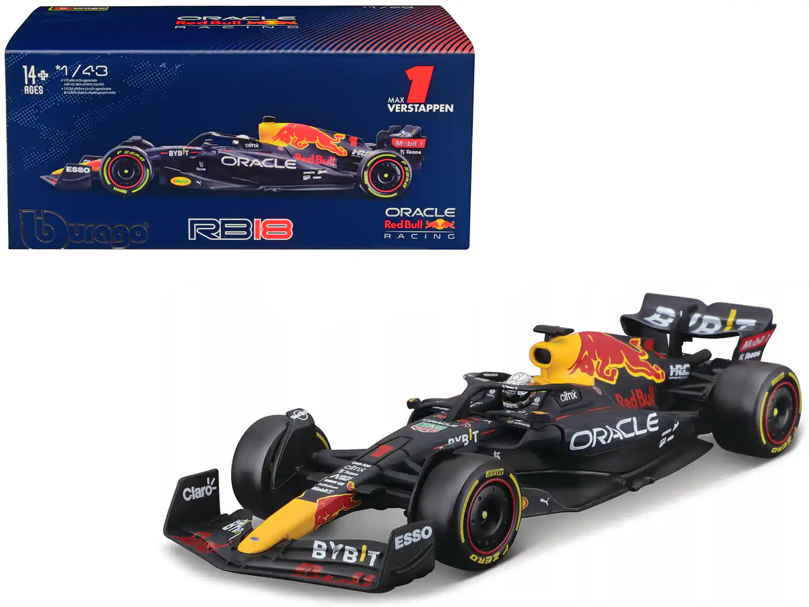 Bburago - Red Bull Racing RB18 #1 Max Verstappen "Formula One F1 World Championship" (2022) with Display Case 1/43 Diecast - Black
