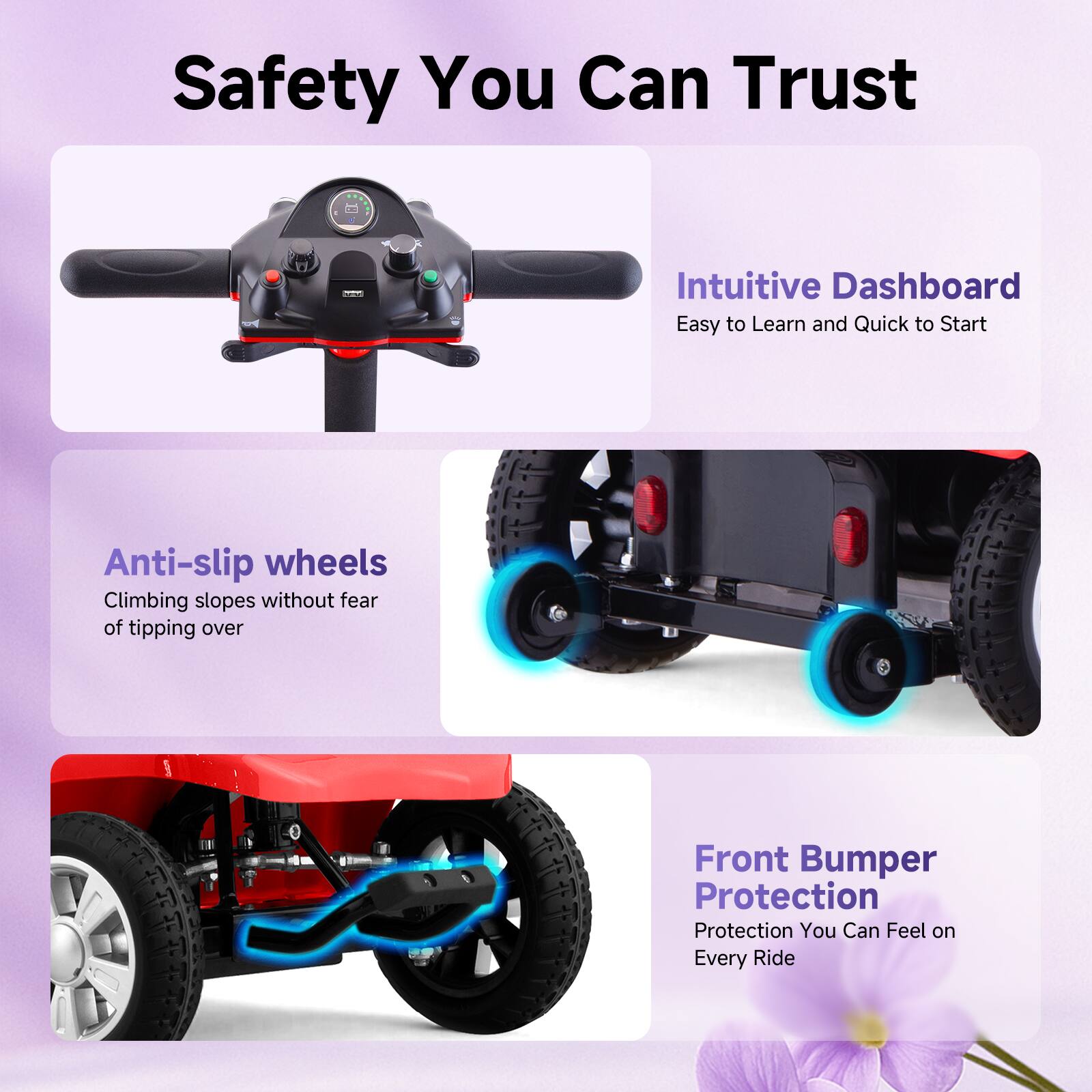 Safety You Can Trust

- Intuitive Dashboard
  - Easy to Learn and Quick to Start

- Anti-slip wheels
  - Climbing slopes without fear of tipping over

- Front Bumper Protection
  - Protection You Can Feel on Every Ride