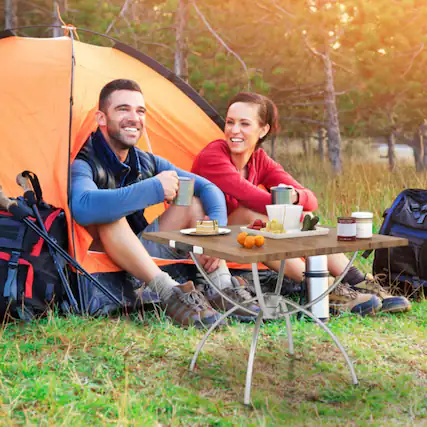 Front. Mondawe - 2 Pack Folding Camping Table w Wood-Grain Aluminum Top Lightweight 6.5 lbs Each w/ Carry Bag - Natural + Silver.