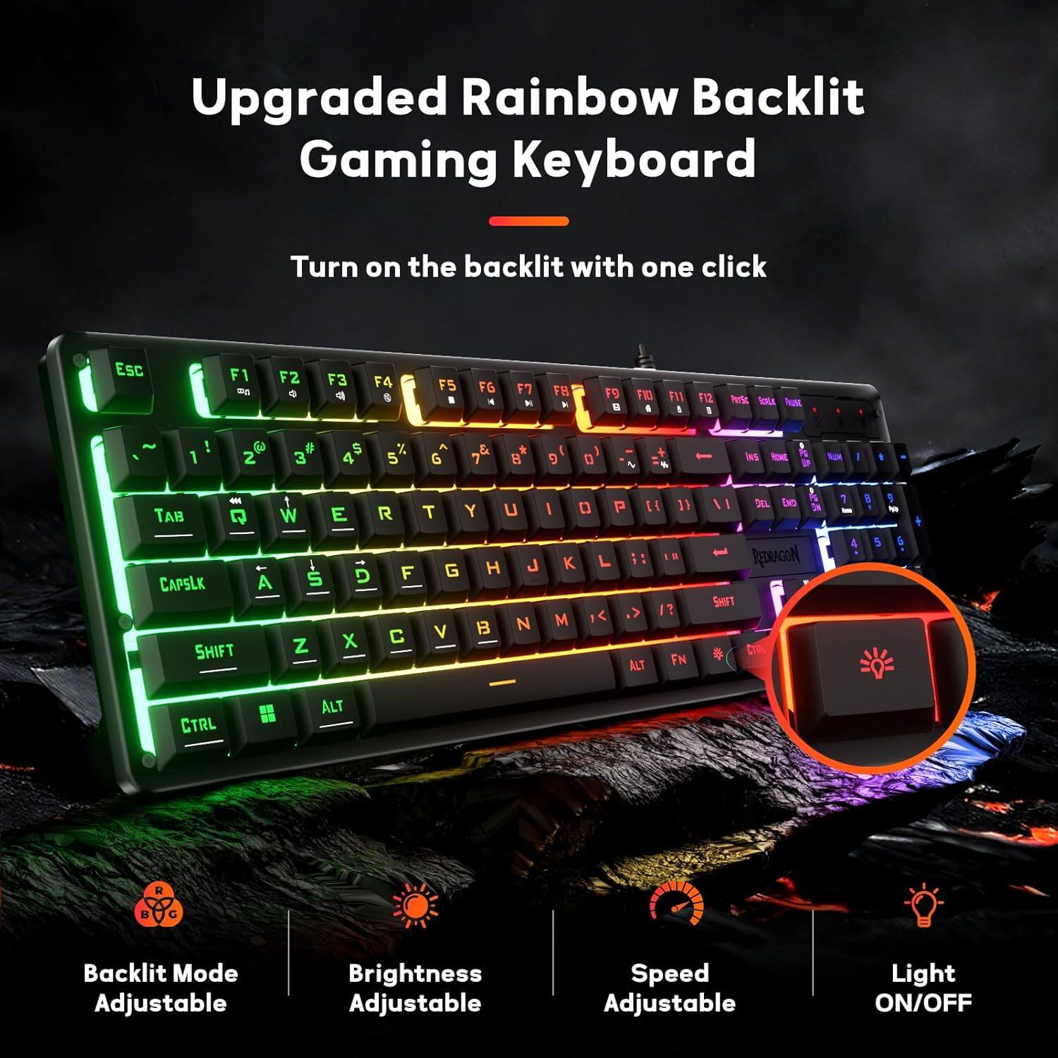 Upgraded Rainbow Backlit Gaming Keyboard  
Turn on the backlit with one click  

ESC F1 - F2 . F3 a F4 6 F5 FG 4 F7 FB F9 u 11 1 f11 1 112 S herte E hute ~ 1 ! 3 2 U 3 5 4 5 G E 7 * B 9 a a + % - I - - I 1 TAB CAPSLK - Q W A E R T - 2 D F Y G U H J I P K L 1 11 DEL De RERAcON 1 1 5 1 SHIFT Z X C V B N M 1 ALT FN CTRL ALT  

Backlit Mode Adjustable  
Brightness Adjustable  
Speed Adjustable  
Light ON/OFF