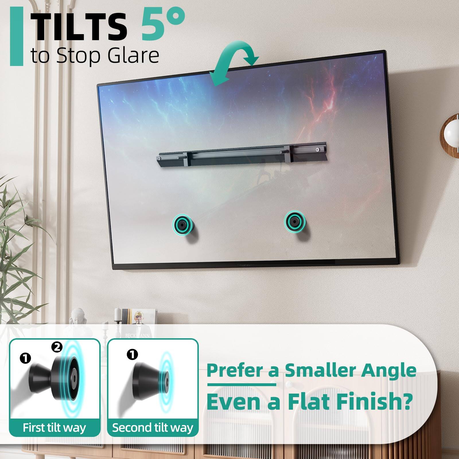 TILTS 5° to Stop Glare

First tilt way

Second tilt way

Prefer a Smaller Angle Even a Flat Finish?