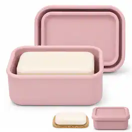Garnen - Travel Soap Case 4.7"x3.3" Silicone Bar Soap Holder Dish Continer with Draining Layer Leadproof for Bathroom Camping Gym - Pink