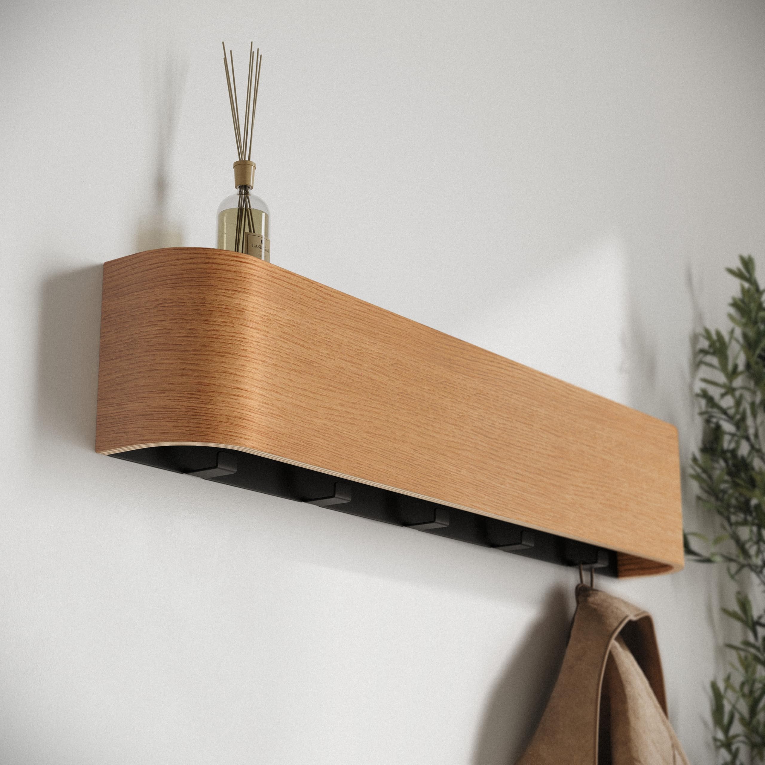 Alt View 2. HM 1810 - Wall-mounted Coat Rack 'toke' - Modern Design With Wall Hooks Solid Wood Veneer Panel Hanger Oak - Oak 8 Hooks.