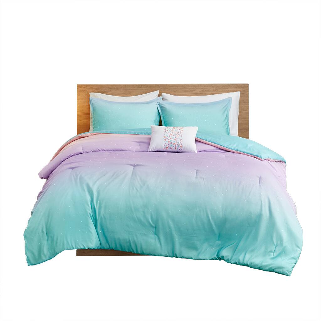 Front. Gracie Mills - Gracie Mills Dagny Modern Ombre Metallic Glitter Reversible Comforter Set - Aqua.