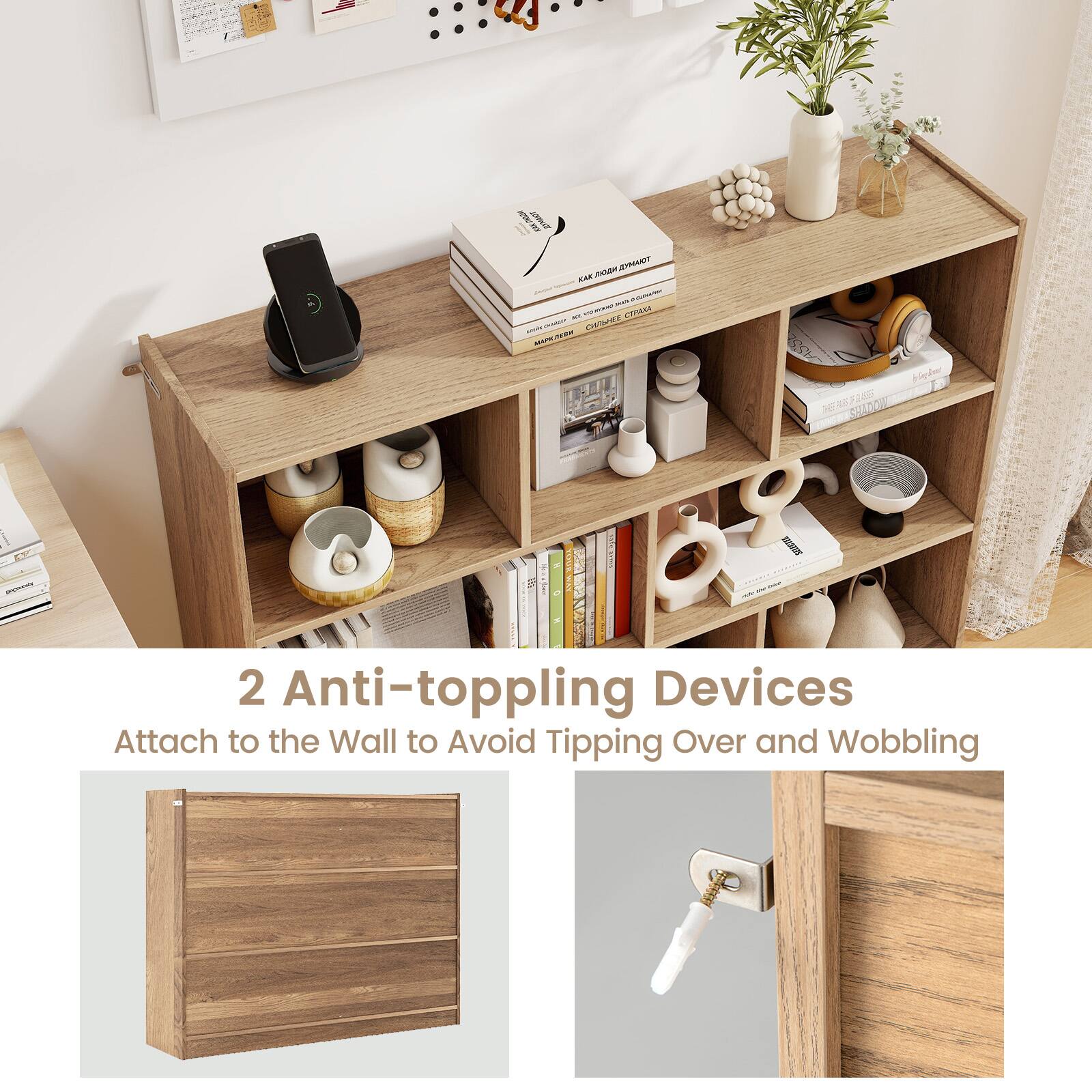 The text on the image is grouped and corrected as follows:

"2 Anti-toppling Devices - Attach to the wall to avoid tipping over and wobbling."