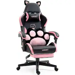Aukfa - Cute Cat Gaming Chair with Paw Lumbar Cushion - PC Video Gamer Chair for Girl Teen Woman - Pink