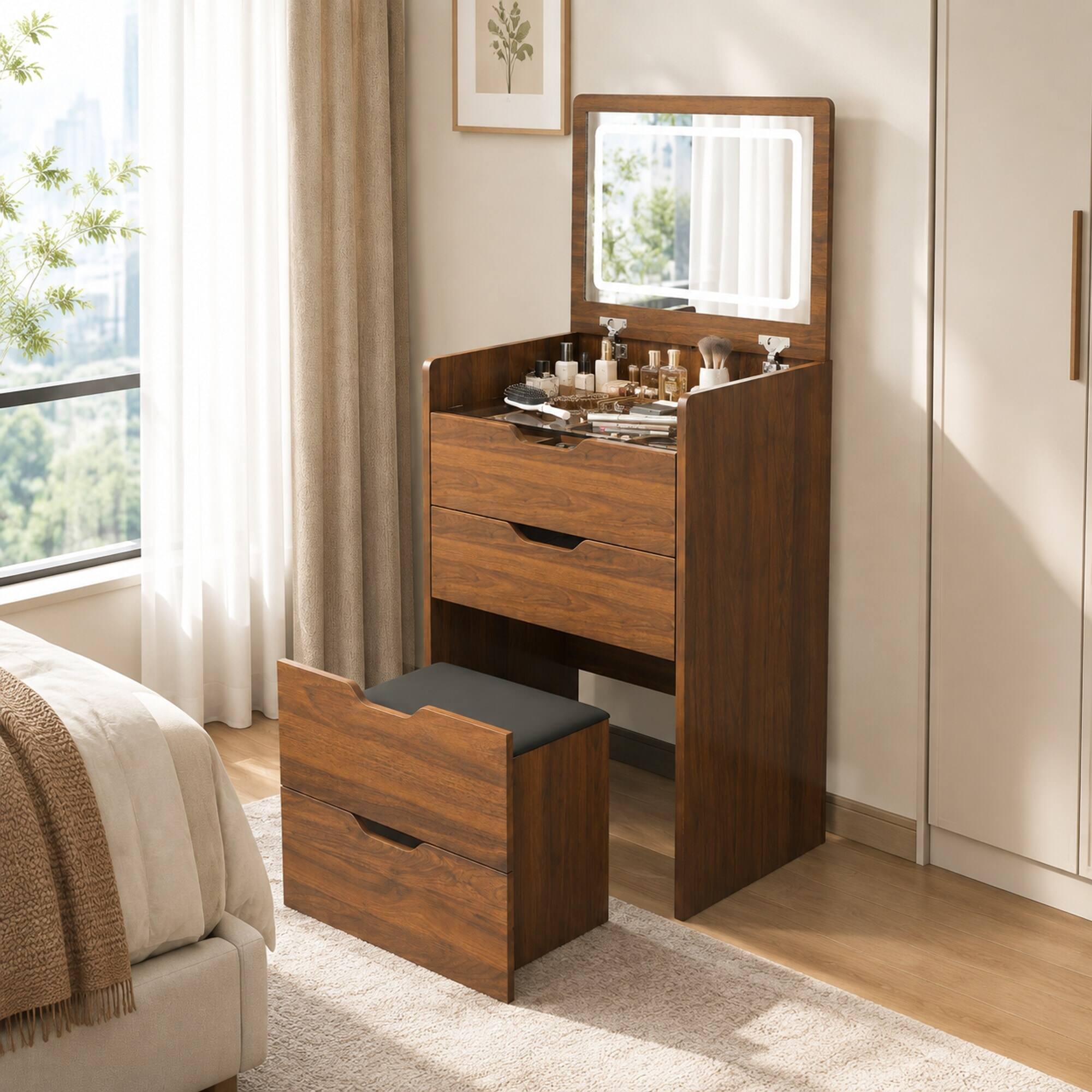 Angle. RYHNUYNE - 3-in-1 Vanity Desk with Lighted Flip Top Mirror and Stool, Walnut Finish, 18.9 in Wide, Compact Storage - Walnut.