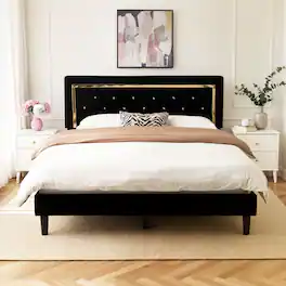 Ovios - Queen Bed Frame, Upholstered Platform Bed with Tufted Headboard, Wood Slats Support - Black