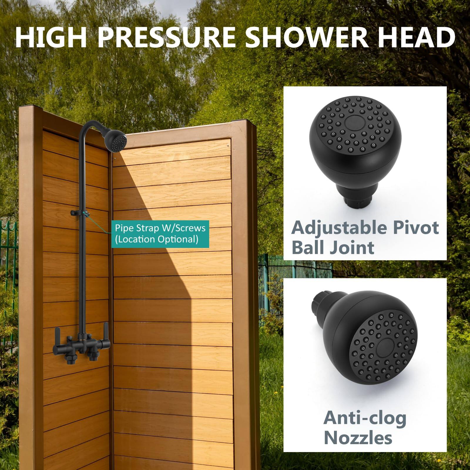 HIGH PRESSURE SHOWER HEAD

- Pipe Strap W/Screws (Location Optional)
- Adjustable Pivot Ball Joint
- Anti-clog Nozzles