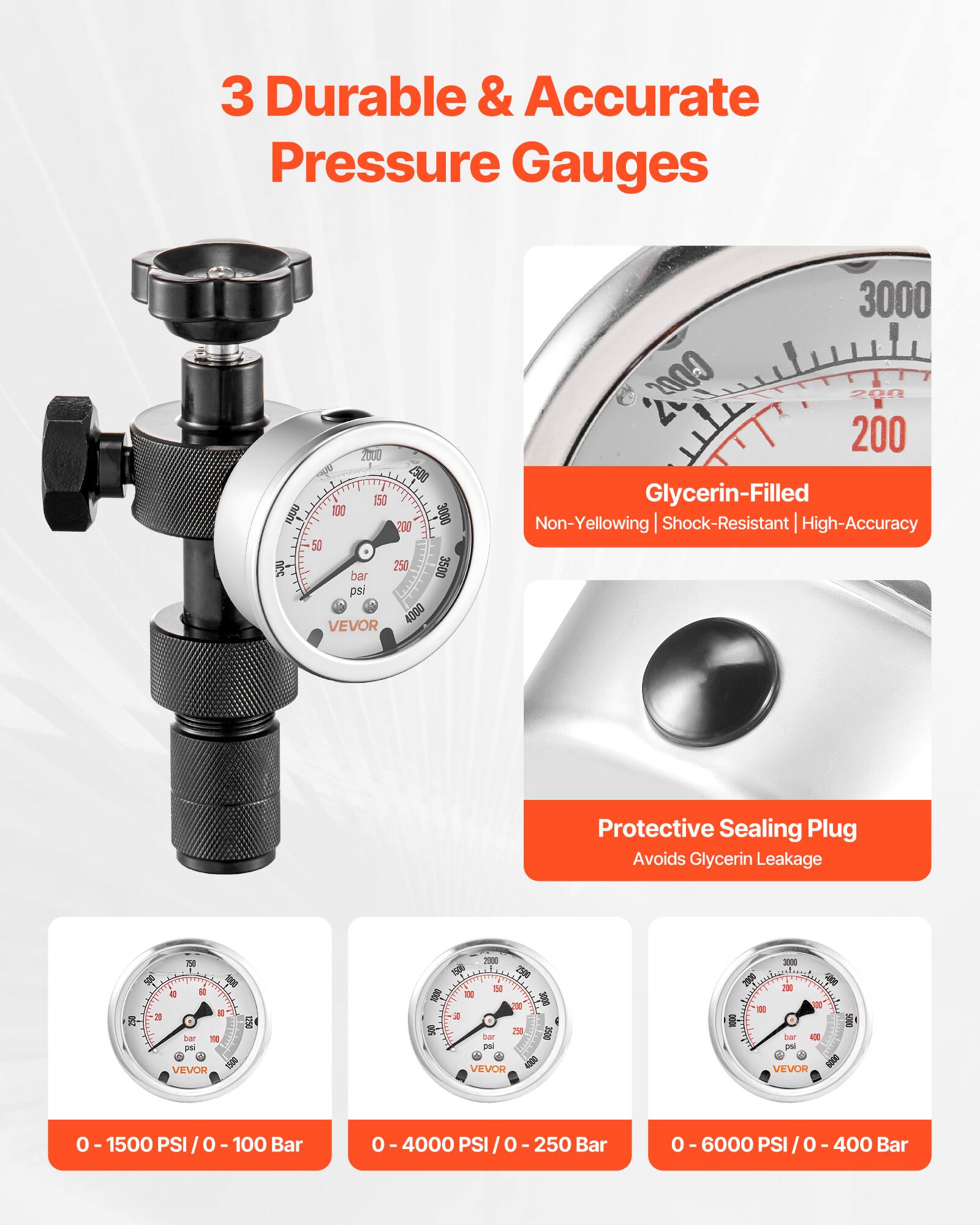 3 Durable & Accurate Pressure Gauges

- Glycerin-Filled
  - Non-Yellowing
  - Shock-Resistant
  - High-Accuracy

- Protective Sealing Plug
  - Avoids Glycerin Leakage

- 0 - 1500 PSI / 0 - 100 Bar
- 0 - 4000 PSI / 0 - 250 Bar
- 0 - 6000 PSI / 0 - 400 Bar