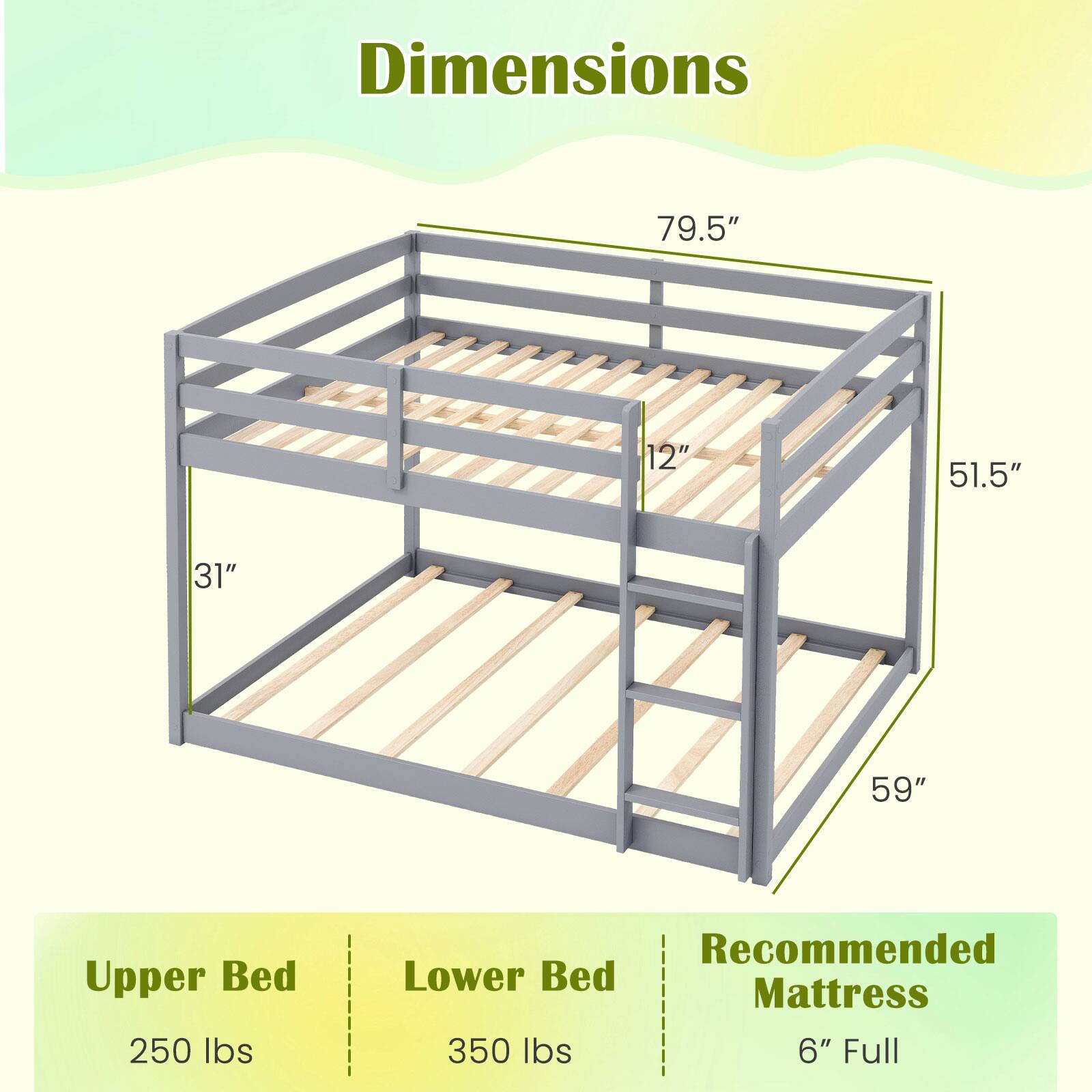 Dimensions
79.5" x 51.5" x 31" x 59"
Upper Bed
250 lbs
Lower Bed
350 lbs
Recommended Mattress
6" Full