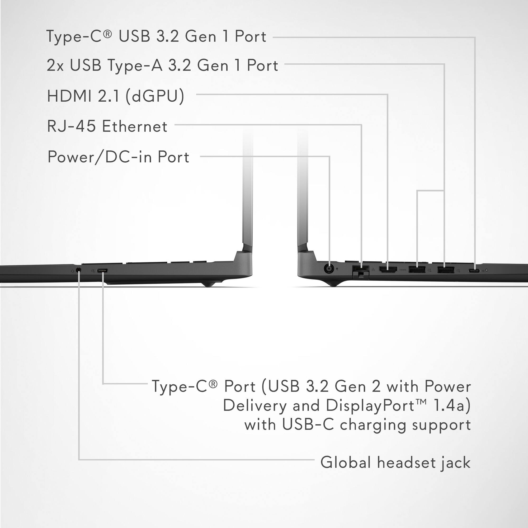 Type-C® USB 3.2 Gen 1 Port  
2x USB Type-A 3.2 Gen 1 Port  
HDMI 2.1 (dGPU)  
RJ-45 Ethernet  
Power/DC-in Port  

Type-C® Port (USB 3.2 Gen 2 with Power Delivery and DisplayPort™ 1.4a) with USB-C charging support  
Global headset jack