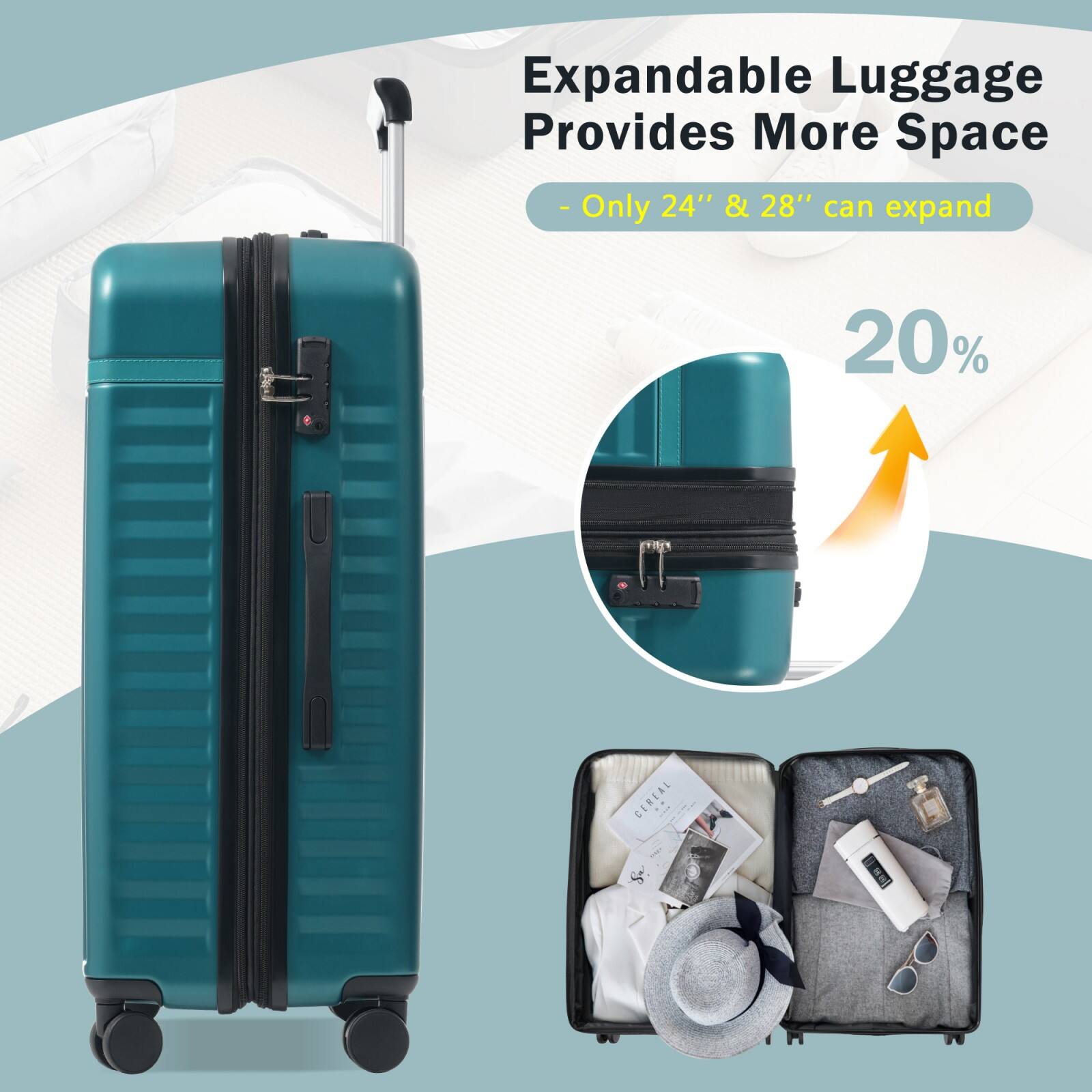 Expandable Luggage Provides More Space  
- Only 24" & 28" can expand  
20%